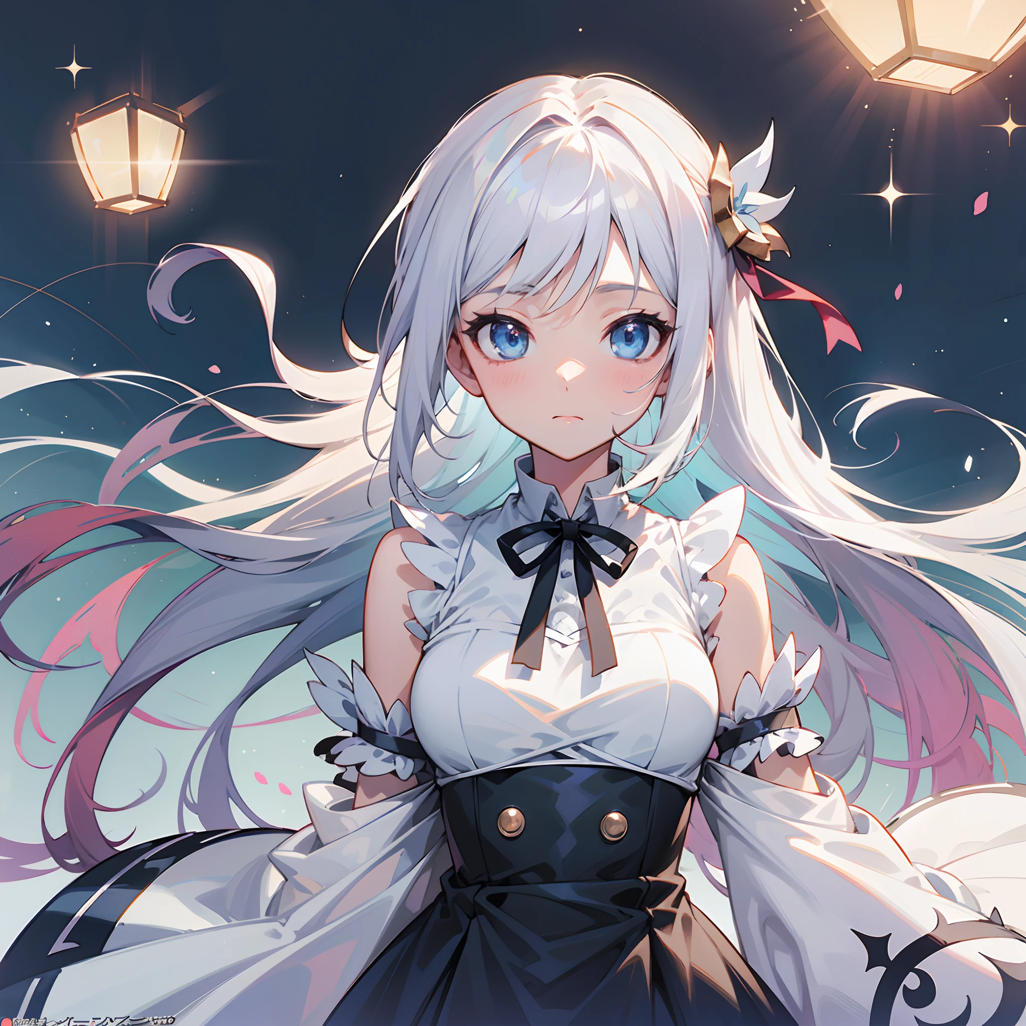 ((Best Quality, 8K, Best Masterpiece)) Anime characters with long gray hair and blue eyes, Anime visuals of young women, Today's featured anime stills, God of White Hair, official art, cute girl anime visuals, Popular isekai anime, Tsuaii, Marisa Kirigami, Anime movies, TV anime still, Isekai, Hestia, Albedo of Anime Overlord Transparency 16 years old Blue small ribbon in hair