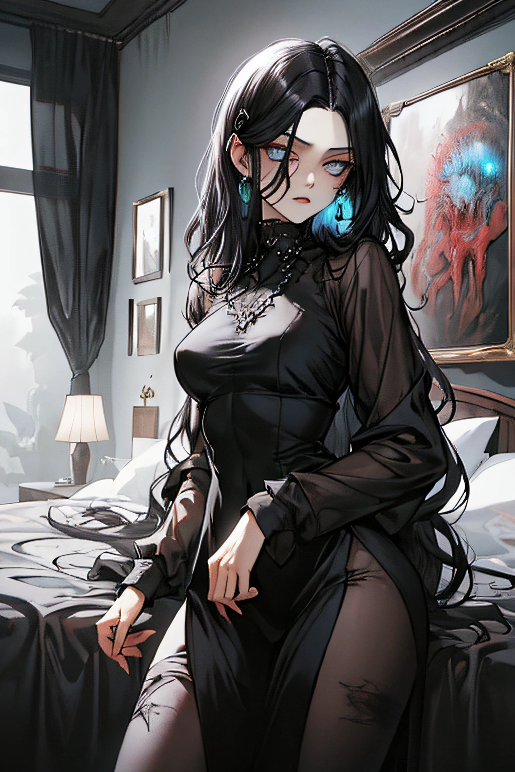 (masterpiece, best quality), 1lady, solo, (gothic), dream catcher, vampire, short black hair, loose waves, blue eyes, ,cute, (hg giger, art by hermann nitsch, zdzislaw beksinski, dariusz zawadzki, giger, Zdzislaw Beksinski), skinny body, black shirt, night, bedroom, night