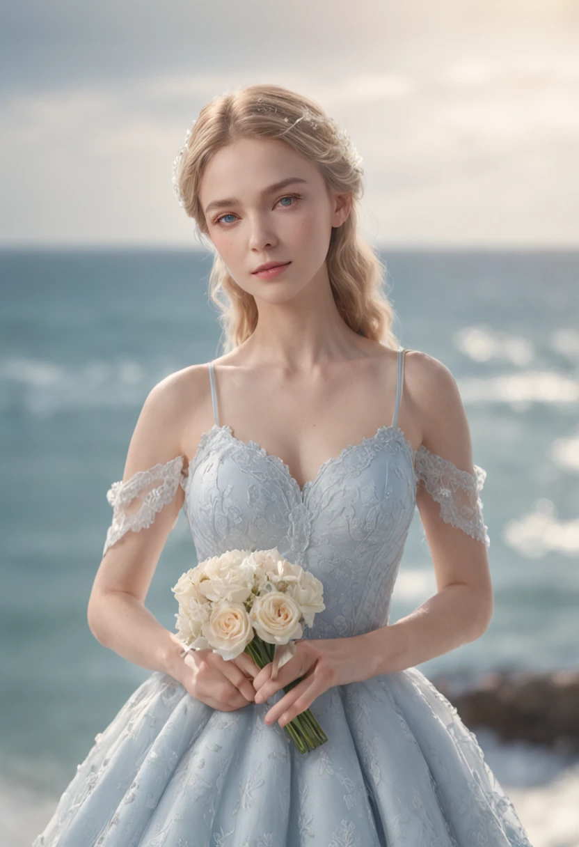 1 beautiful girl, (Realistic:1.3) full body, standing photo, stand in front blue sea, white wedding dress, soft dress, blond hair, blue eyes, wavy hair, masterpiece, diffuse soft lighting, portrait, best quality (perfect face:1.4), ultra-realistic highly detailed intricate realistic simulation style photo sharply focused on eyes, cinematic lighting, studio shot, elegant pose
