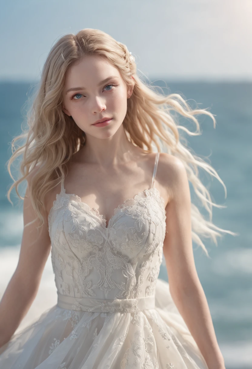 1 beautiful girl, (Realistic:1.3) full body, standing photo, stand in front blue sea, white wedding dress, soft dress, blond hair, blue eyes, wavy hair, masterpiece, diffuse soft lighting, portrait, best quality (perfect face:1.4), ultra-realistic highly detailed intricate realistic simulation style photo sharply focused on eyes, cinematic lighting, studio shot, elegant pose