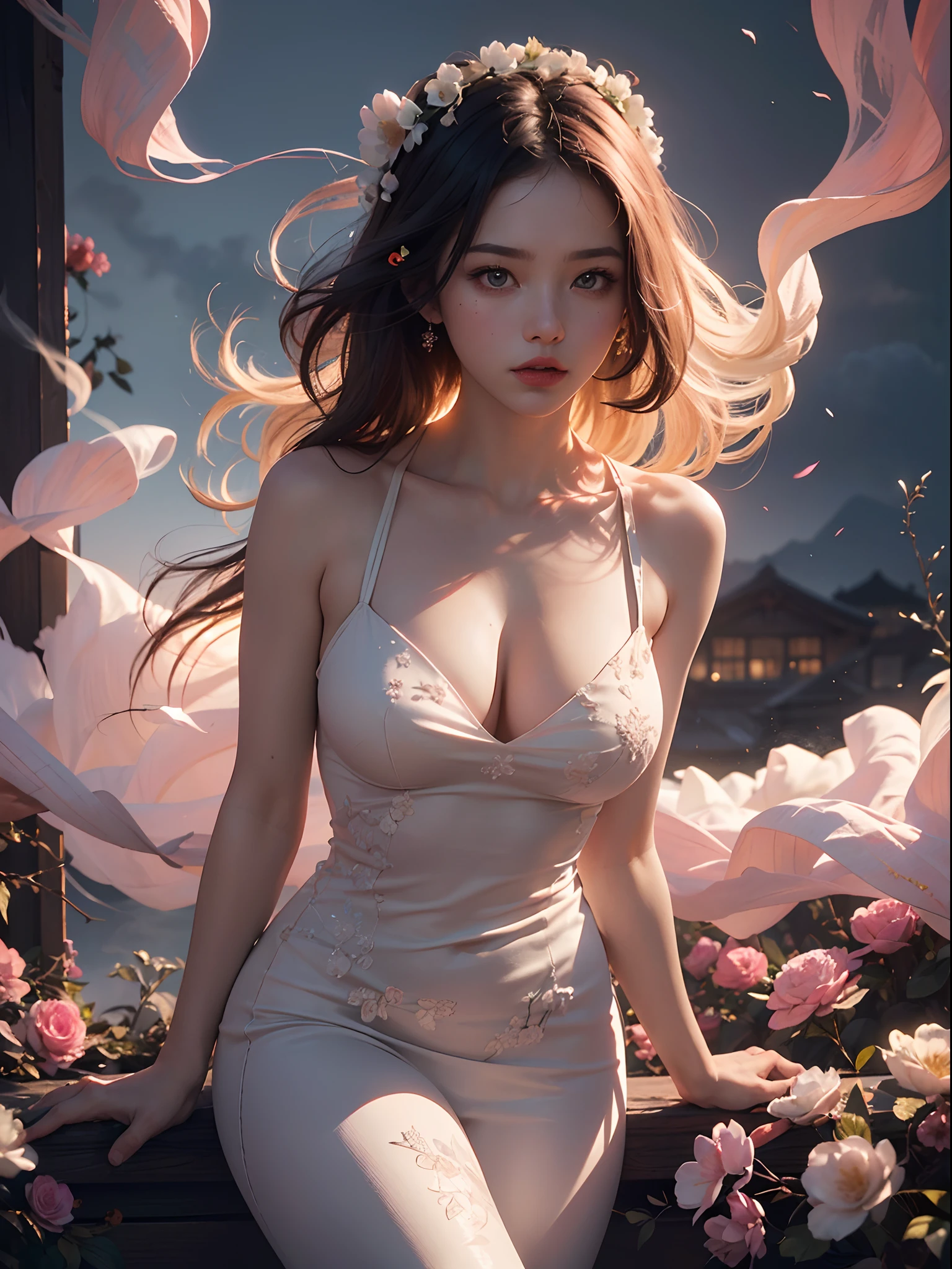 Unbeatable masterpiece, Ultra photo realsisim, Perfect artwork, Intricate details, Best quality, Strong light,High contrast, (Bare shoulders:0.85),((glowing ambiance, enchanting glow, luminouslighting, Ethereal atmosphere, A mesmerizing glow, evocative hues, captivating coloration, Dramatic lighting, Enchanting aura)),1girll,Masterpiece,Best quality,1girll,(in clouds of smoke:1.1),(Dynamic smoke is everywhere:1.4),(full bodyesbian:1.2),(1 Chinese pattern in the middle of the girl's forehead),A girl with a weak temperament,,(epic cinematic),Soft natural light,rim-light,Absurd,Amazing,Funny,Etricate,ultra - detailed,Pink flowers,pastelcolor,,White flowers pink flowers,