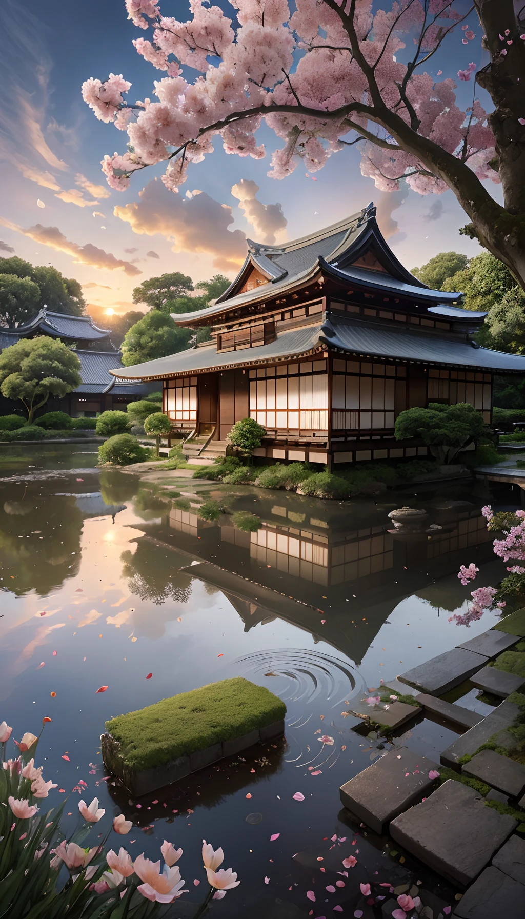 Huge tree，florals，rios，Huge watermill , [(White background:1.5)::5], Medium Shot Shot, butterflys,Petals floating in water,steins,Cloud,setting sun,Dusk,House under the tree，Japanese-style architecture
