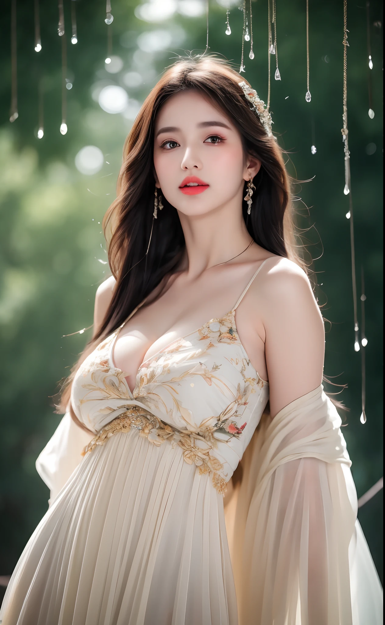 ((Best Quality, 8k, Masterpiece: 1.3)), Focus: 1.2, Perfect Body Beauty: 1.4, Buttocks: 1.2, ((Layered Haircut)), (Wet Clothes: 1.1), (Rain, Street:1.3), (Breasts: 1.2), (Hanfu: 1.2), Bare Shoulders, Bare Legs, Highly Detailed Face and Skin Texture, Fine Eyes, Double Eyelids, Whitened Skin, Long Hair, (Shut Up: 1.5), (Bokeh Background: 1.5), Big Breasts