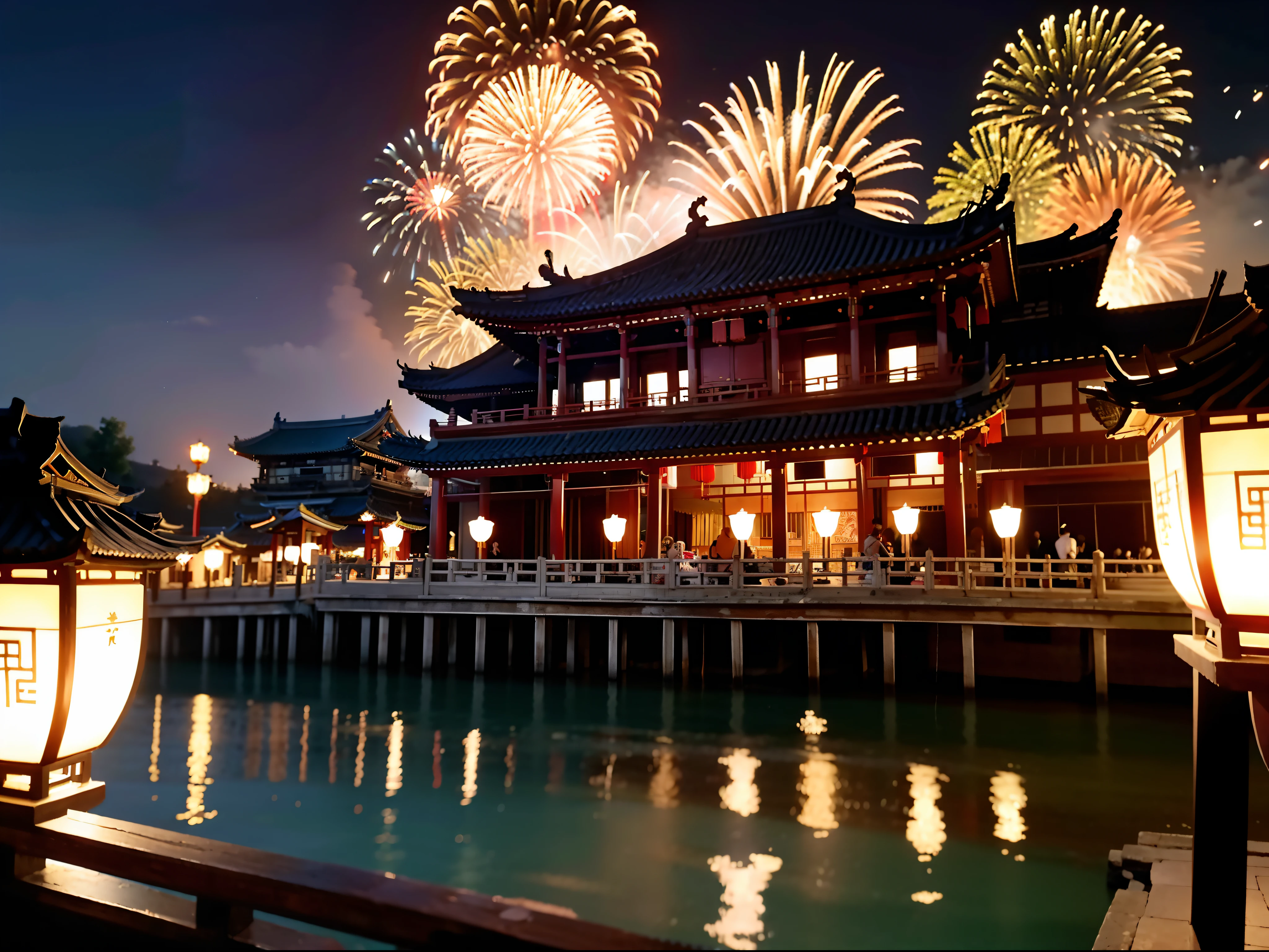 Chinese ancient city,There are plenty of boats on the river,Splendid fireworks bloom in the dark night sky,The crowd is noisy。
