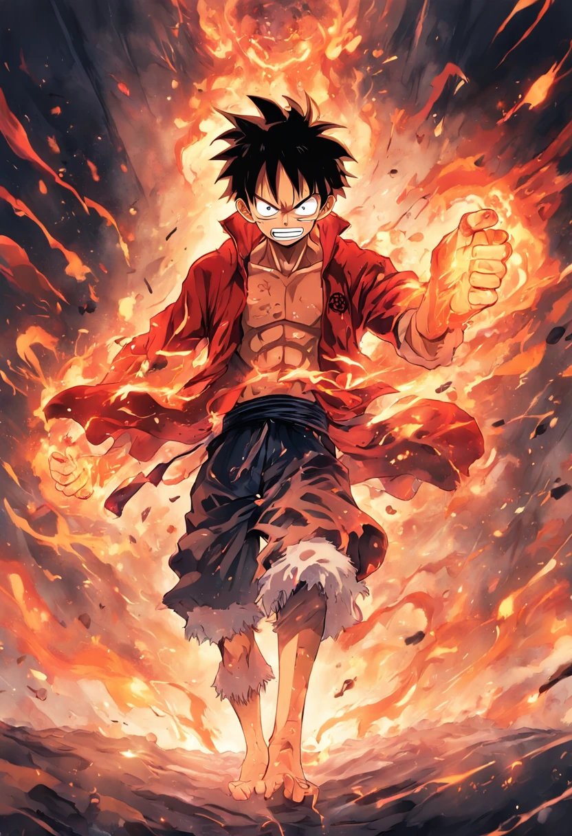 Design a gripping poster featuring Luffy from "One Piece" in a fit of rage. Capture the essence of his burning determination and unyielding spirit as he unleashes his wrath upon his enemies. Keep it short, bold, and intense to convey the raw power of Luffy's anger.