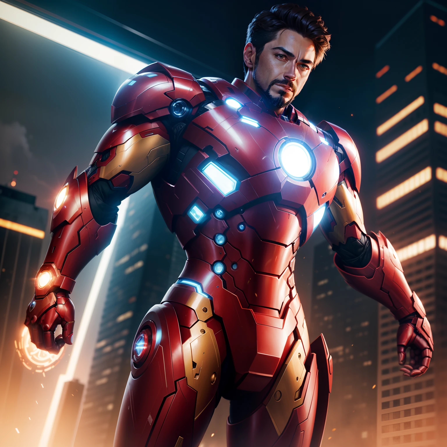 I imagine an Iron Man painting with a dynamic and vibrant background that represents movement and technology. No centro, Iron Man is in his iconic armor, com detalhes meticulosamente renderizados, mostrando a textura do metal e os reflexos de luz. The predominant colors are shades of red and gold, with the armor shining brightly as it is illuminated from the inside. The backdrop features a futuristic city, with gleaming skyscrapers and neon lights that create an electric atmosphere. The power lines and luminous fluxes connect to Iron Man's armor, suggesting its connection to advanced technology. The painting captures the essence of modernity and action, portraying the hero in his high-tech natural environment.