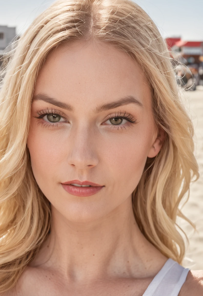 Selfie512 Pretty blonde woman walking down the Santa Monica boardwalk on a sunny day Photo512