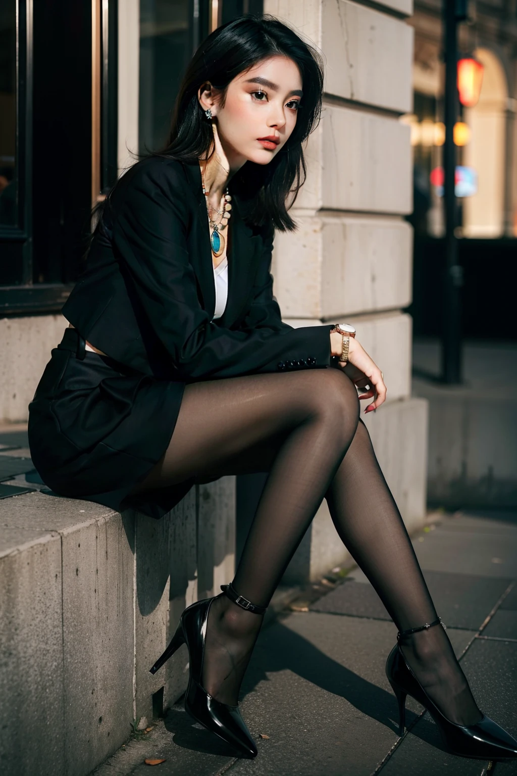 An urban beauty shows people with a generous and fashionable image，Her grim face，Perfect upturned nose，perfect lips，exquisite face，She paired it with a slim suit，Show her bravery、The confident side。Her makeup is exquisite，Elegant heels and stylish accessories perfectly complement her temperament，Wear a short skirt，Black tights，high-heels，Tall figure，Gorgeous necklace，A compact watch
