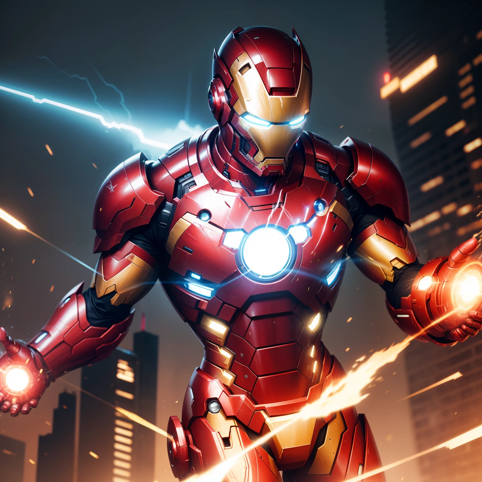 I imagine an Iron Man painting with a dynamic and vibrant background that represents movement and technology. No centro, Iron Man is in his iconic armor, com detalhes meticulosamente renderizados, mostrando a textura do metal e os reflexos de luz. The predominant colors are shades of red and gold, with the armor shining brightly as it is illuminated from the inside. The backdrop features a futuristic city, with gleaming skyscrapers and neon lights that create an electric atmosphere. The power lines and luminous fluxes connect to Iron Man's armor, suggesting its connection to advanced technology. The painting captures the essence of modernity and action, portraying the hero in his high-tech natural environment.