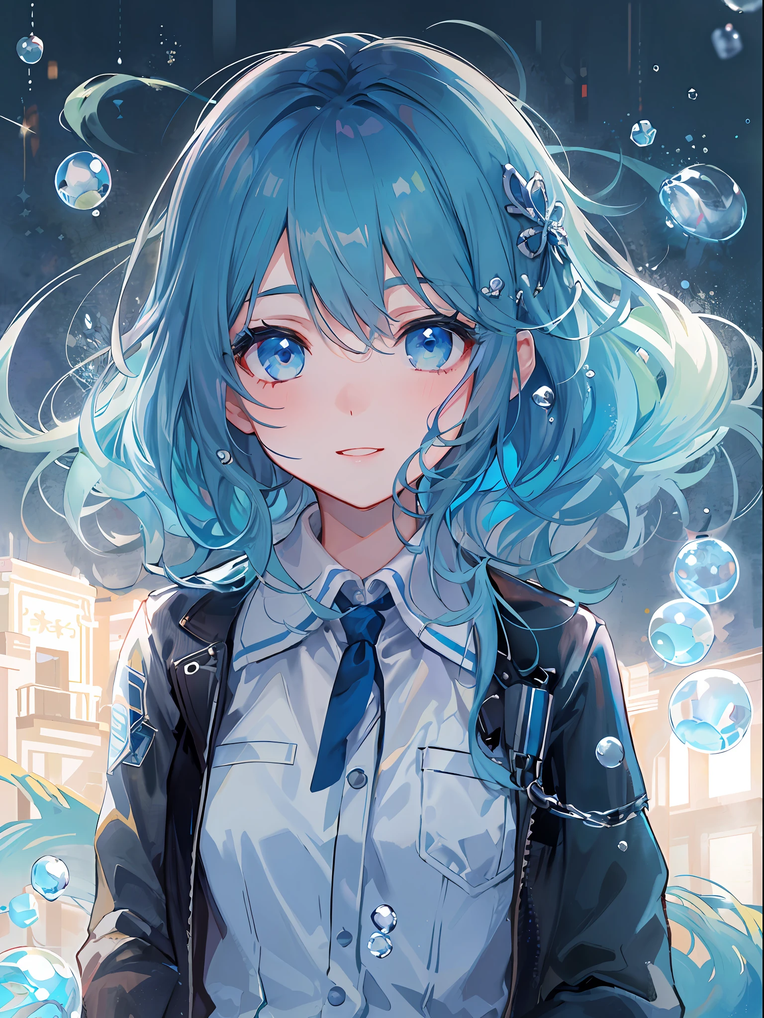 ((top-quality)), ((​masterpiece)), ((ultra-detailliert)), (extremely delicate and beautiful), girl with, 独奏, cold attitude,((Black jacket)),She is very(relax)with  the(Settled down)Looks,A dark-haired, depth of fields,evil smile,Bubble, under the water, Air bubble,bright light blue eyes,Inner color with light blue hair and dark blue tips,Cold background,Bob Hair - Linear Art, shortpants、knee high socks、White uniform like school uniform、Light blue ribbon ties、Clothes are sheer、Hands in pockets