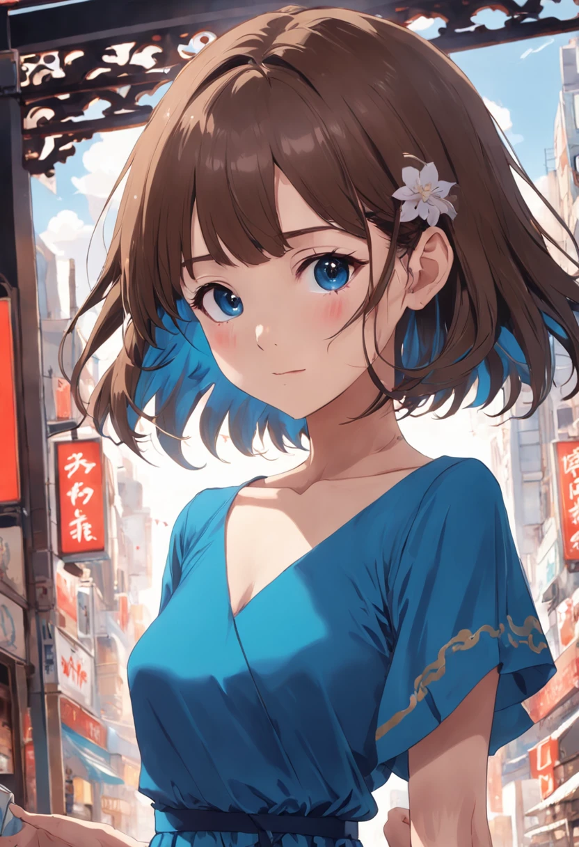 Arab asian woman with short brown hair and blue dress, With short hair, 奈良美智, chiho, sakimichan, sakimichan, kiko mizuhara, Ayaka, Chiho Aoshima, girl cute-fine-face, with short hair with bangs, sayori, Choi Hong Hwa