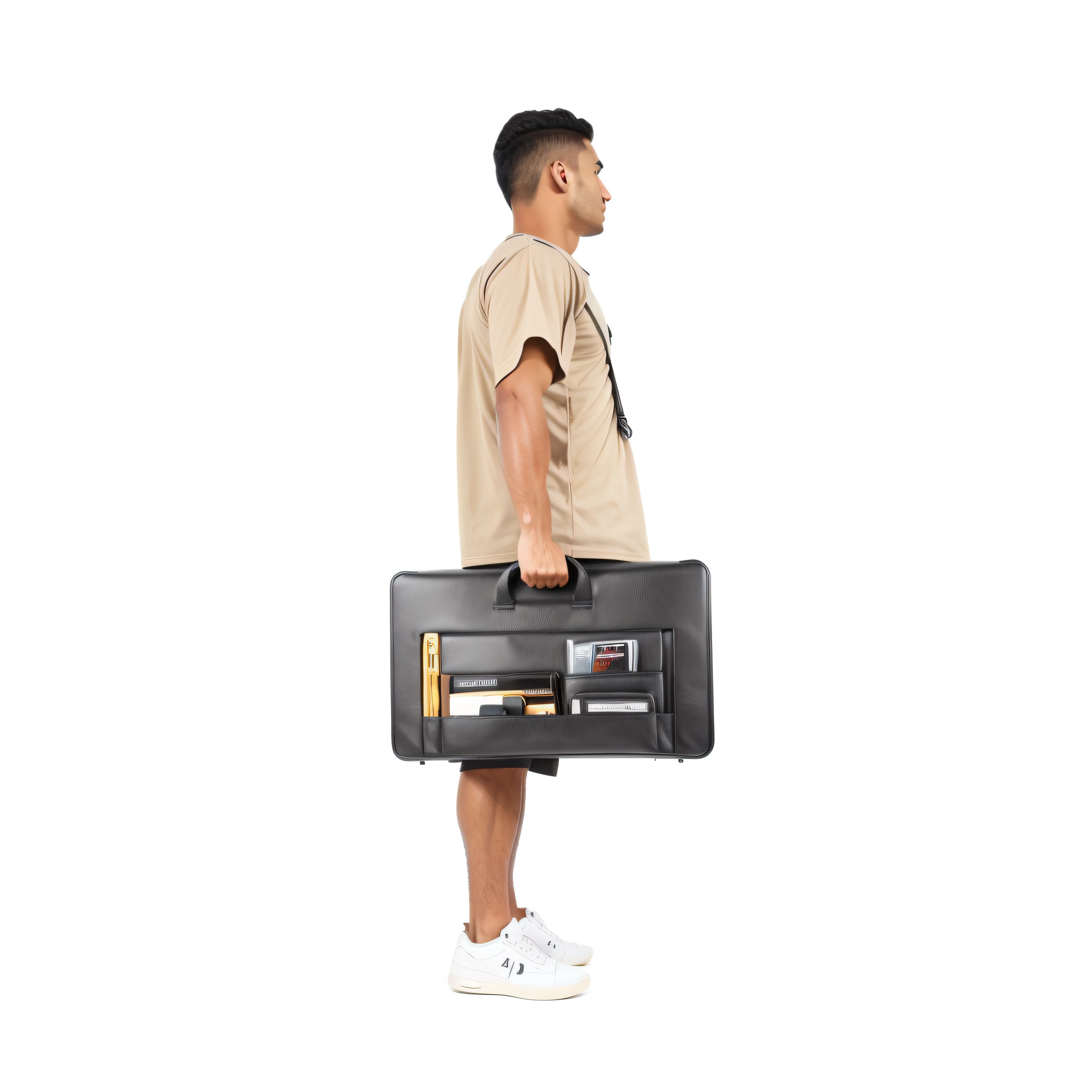 The Alafard man in a tan shirt holds a black briefcase, he is carrying a black briefcase, carrying two barbells, carrying a tray, full body wide shot, Full body view, holding a briefcase, distant full body view, full body potrait holding bottle, delivering parsel box, full-body view, powerful stance, chest legs