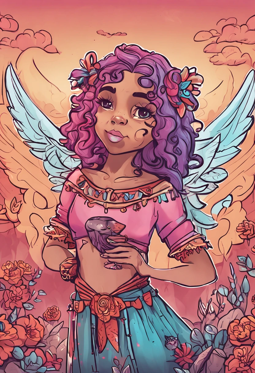 por favor crie uma menina cupido de cabelos cacheados com sardas e lindos olhos castanhos.