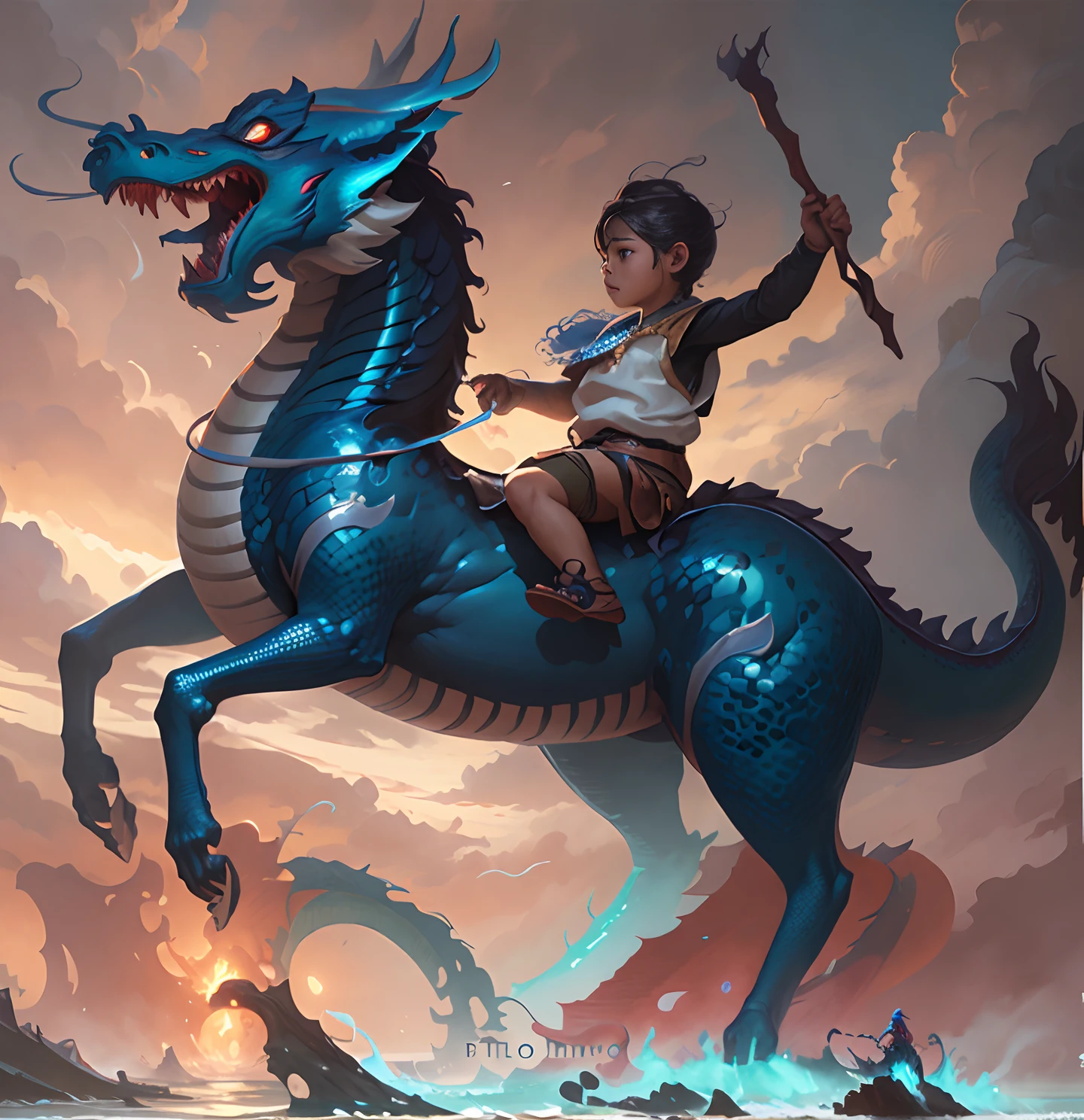 Close-up of a child riding a blue dragon on the beach, Dragon Rider, epic fantasy digital art style, Dragon Ride, by Yang J, Rob Ray, epic fantasy art style, Epic Fantasy Illustration, By Jeremy Chong, tithi luadthong, Ross Tran and Michael Whelan, fantasy art behance, by Bayard Wu, by Ryan Yee