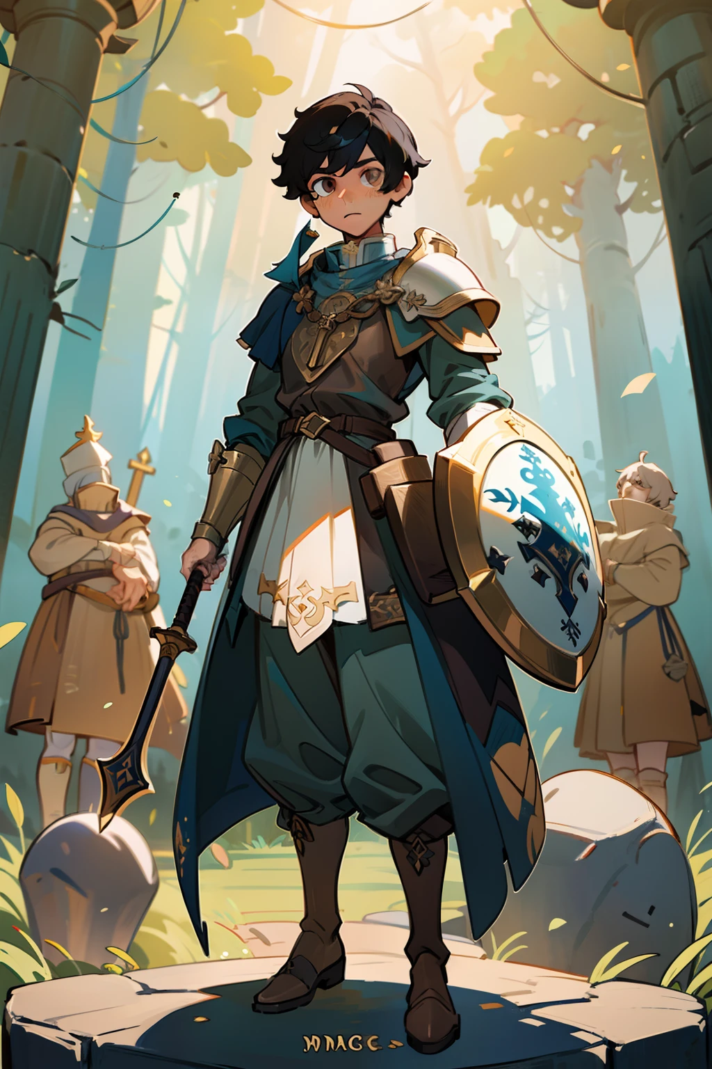 ((Obra maestra - Ilustraciones - Detallado - Mejor calidad)) - Anime style - Genshin impact style - 1 male - full body - male - black hair - brown eyes - cleric - medieval mace - hand - large shield - arm - white tunic - blue clothing - plate armor - boots - golden ornaments - forest - standing - stone path - fence - stone - broken