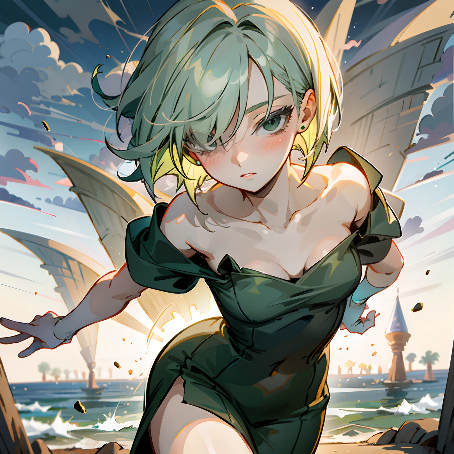 Natural Volumetric Lighting And Best Shadows, Deep Depth Of Field, Sharp Focus,1girl, solo, Terrible_Tornado,looking_at_viewer, blush, short_hair, bangs, green_hair, green_eyes,detailed eyes, collarbone, thighs, small_breasts, outdoors, parted_lips, green_hair, float, cloud, dark green dress, cloudy_sky, pelvic_curtain, side_slit, curly_hair, flipped_hair,
