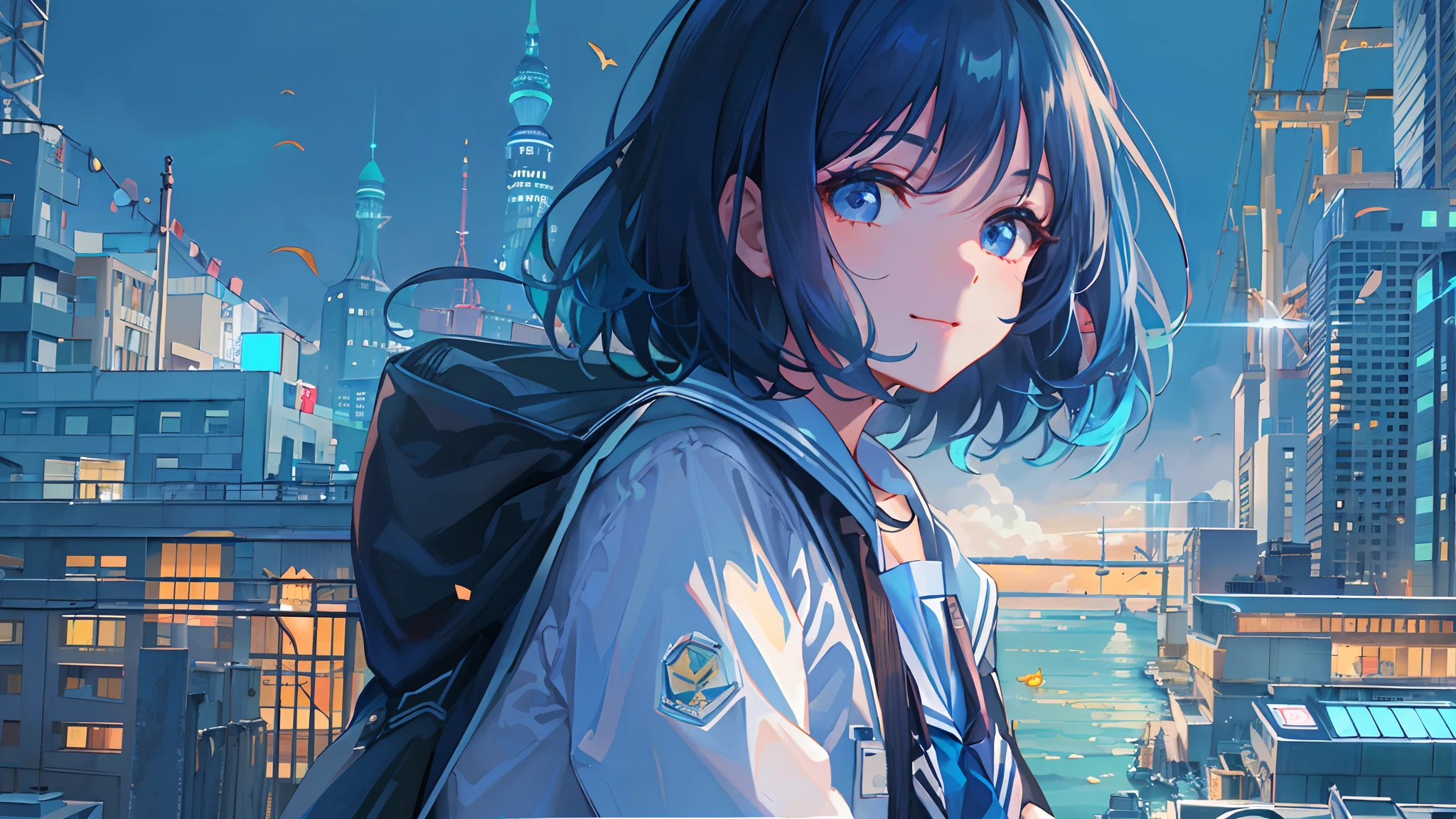 ((top-quality)), ((masterpiece)), ((ultra-detailliert)), (extremely delicate and beautiful), girl with, 独奏, cold attitude,((Black jacket)),She is very(relax)with the(Settled down)Looks,A dark-haired, depth of fields,evil smile,Bubble, under the water, Air bubble,bright light blue eyes,Inner color with light blue hair and dark blue tips,Cold background,Bob Hair - Linear Art, shortpants、knee high socks、White uniform like school uniform、Light blue ribbon ties、Clothes are sheer、Hands in pockets