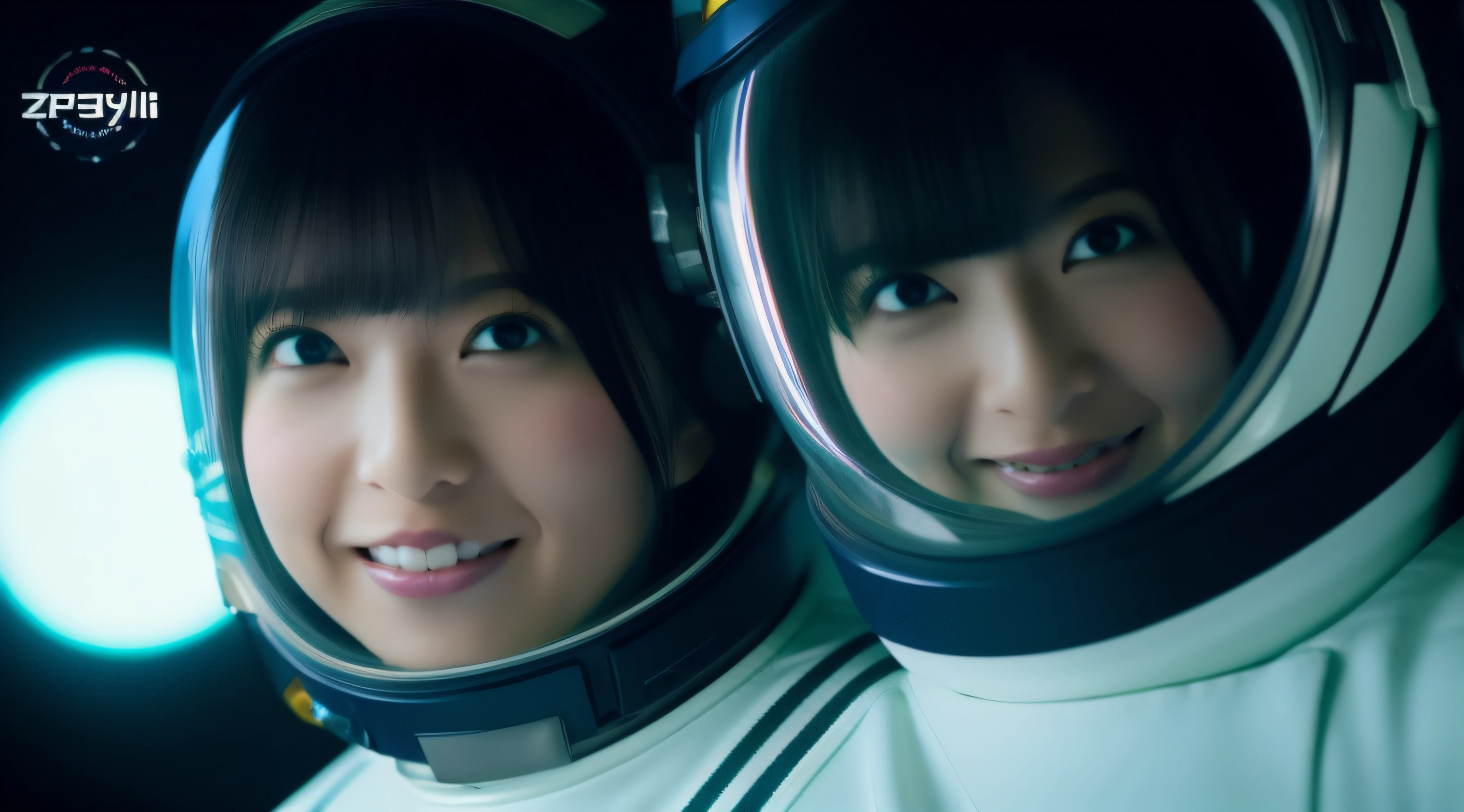 digital art, anime, girl with asian features, small light green eyes, parts, thick lips, with short shoulder-length hair, and disheveled, cream colour, with stylized curlers, wearing a yellow astronaut suit, without helmet, waving with one hand, while smiling happily, with a gray wall in the background