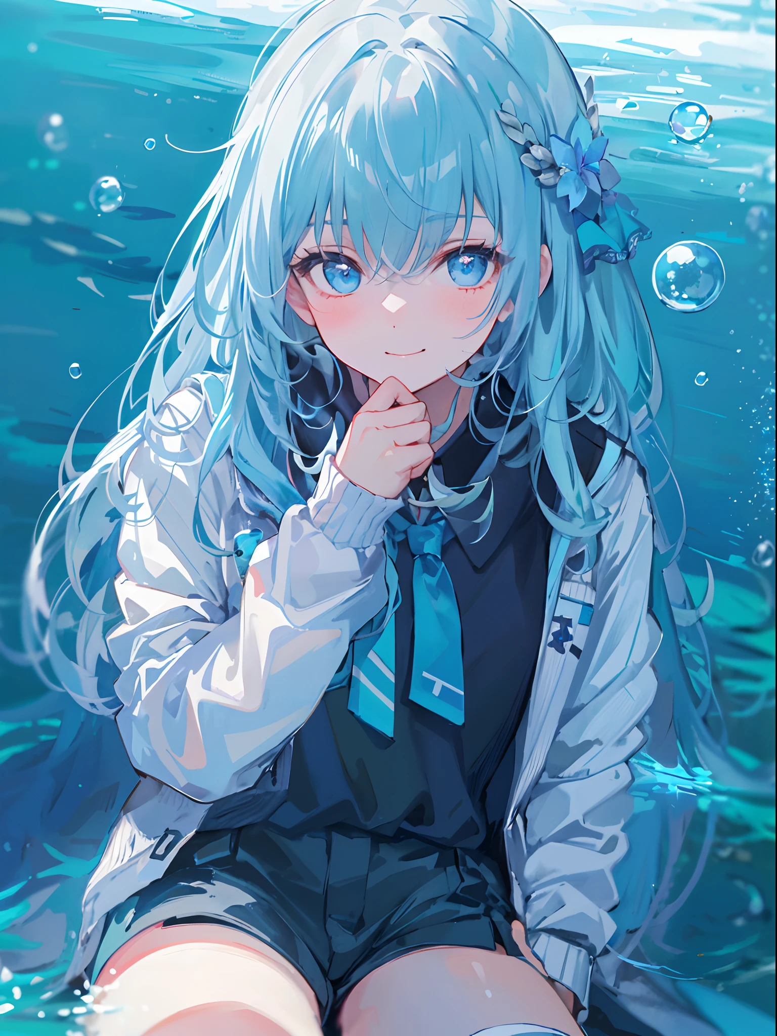 ((top-quality)), ((masterpiece)), ((ultra-detailliert)), (extremely delicate and beautiful), girl with, 独奏, cold attitude,((Black jacket)),She is very(relax)with the(Settled down)Looks,A dark-haired, depth of fields,evil smile,Bubble, under the water, Air bubble,bright light blue eyes,Inner color with light blue hair and dark blue tips,Cold background,Bob Hair - Linear Art, shortpants、knee high socks、White uniform like school uniform、Light blue ribbon ties、Clothes are sheer、Hands in pockets