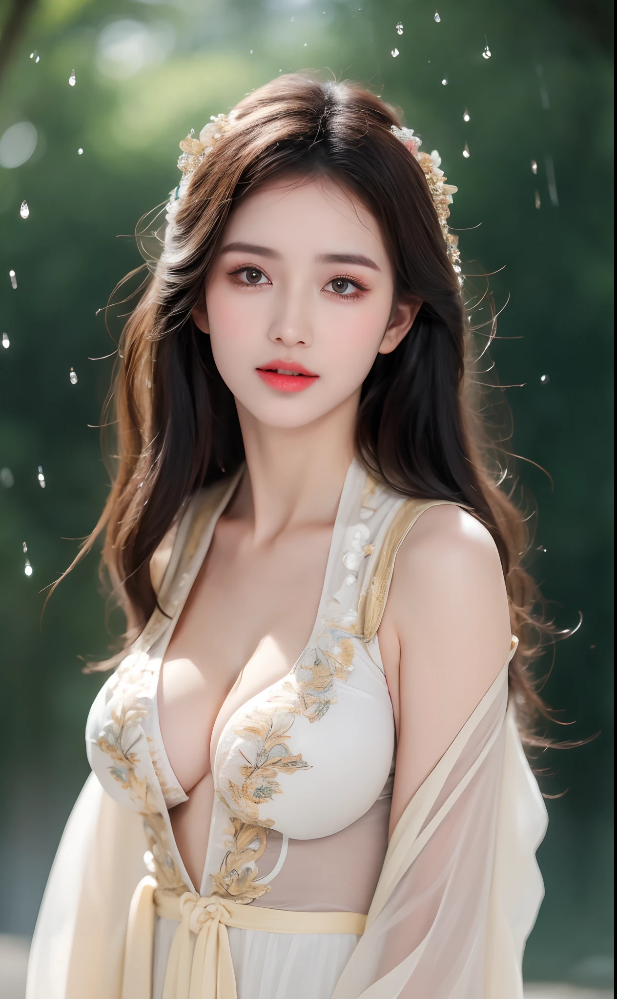 ((Best Quality, 8k, Masterpiece: 1.3)), Focus: 1.2, Perfect Body Beauty: 1.4, Buttocks: 1.2, ((Layered Haircut)), (Wet Clothes: 1.1), (Rain, Street:1.3), (Breasts: 1.2), (Hanfu: 1.2), Bare Shoulders, Bare Legs, Highly Detailed Face and Skin Texture, Fine Eyes, Double Eyelids, Whitened Skin, Long Hair, (Shut Up: 1.5), (Bokeh Background: 1.5), Big Breasts