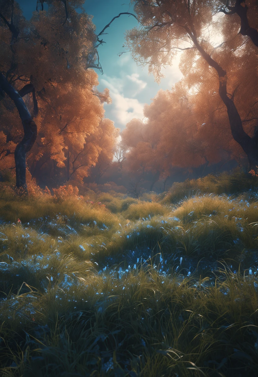 in the blue forest in a clearing at midnight hares mow the grass