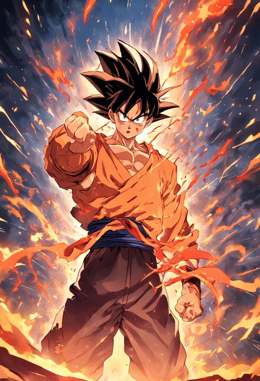 Design a gripping poster featuring Goku from "Dragon Ball" in a fit of rage. Capture the essence of his burning determination and unyielding spirit as he unleashes his wrath upon his enemies. Keep it short, bold, and intense to convey the raw power of Luffy's anger.