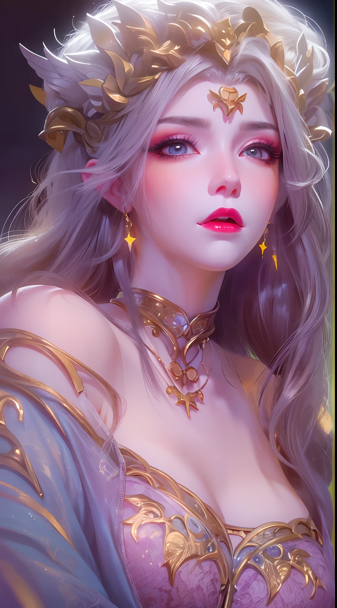 1 20 year old girl, 1 goddess Athena, pink purple silk dress, beautiful goddess Athena face without blemishes, delicate yellow nightgown, long thin sequin nightgown with many sexy black lace details, 1 beautiful thin red silk cloth half veil, female saint legend, female saint icon, beautiful goddess style glitter, dark and mysterious version, vermilion lips, plump red lips, not smiling, mouth closed, delicate and beautiful pino detailing, delicate and beautiful lip detail, (pure and flawless face: 1.9), female saint body, round chest, big and round breasts, phoenix brooch, long flat bangs, long black hair, flower stickers tattoo on forehead, beautiful clear face and well-proportioned eyes, (transparent iridescent light purple eyes: 1.8), (big round eyes and makeup, sexy wet eye makeup, very beautiful and meticulous hair makeup, long and delicate blonde hair, delicate, body image: 1.8), figure: and vivid, (stars that make up the sky: 1.7), (the sky of heaven and the fictitious gate of time and space: 1.8), fictional art, RAW photos, hanfu photos, best photos, high resolution, best quality, best photos, best goddess quality, 8k female, super 8 single saint portraits, truest color schemes, masterpieces, best beauty brands, best hair jewelry, brand real photo, dark studio, border light, two-tone lighting, (rose white skin: 1.4), (high skin detail: 1.1), 8k uhd, d slr, soft light, 8k, high quality, candid, volume Smooth and sharp, 10x pixel increase, sexy goddess, sexy goddess, (background space: 1.8), (most beautiful aurora eyes: 1.7), beautiful eyes, aurora beautiful and flowery, (beautiful single girl: 1.8), (more details:0.8),