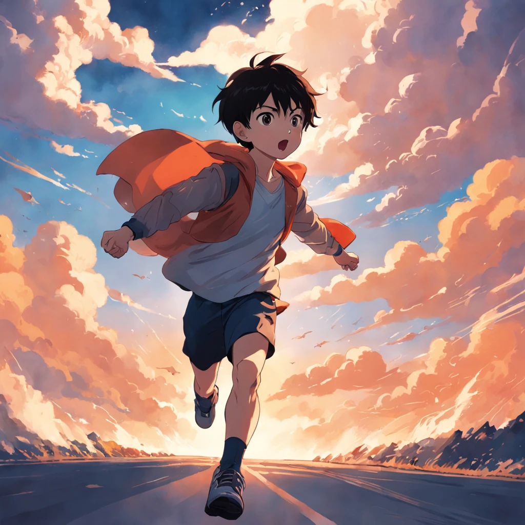 a poster,There was a man running with a megaphone, cover illustration, Simple and clean illustration,tmasterpiece,best qualtiy,cinematic Film still from,1boy,closeup cleavage,brightly,cheerfulness,Warm and soft sky,in the early morning