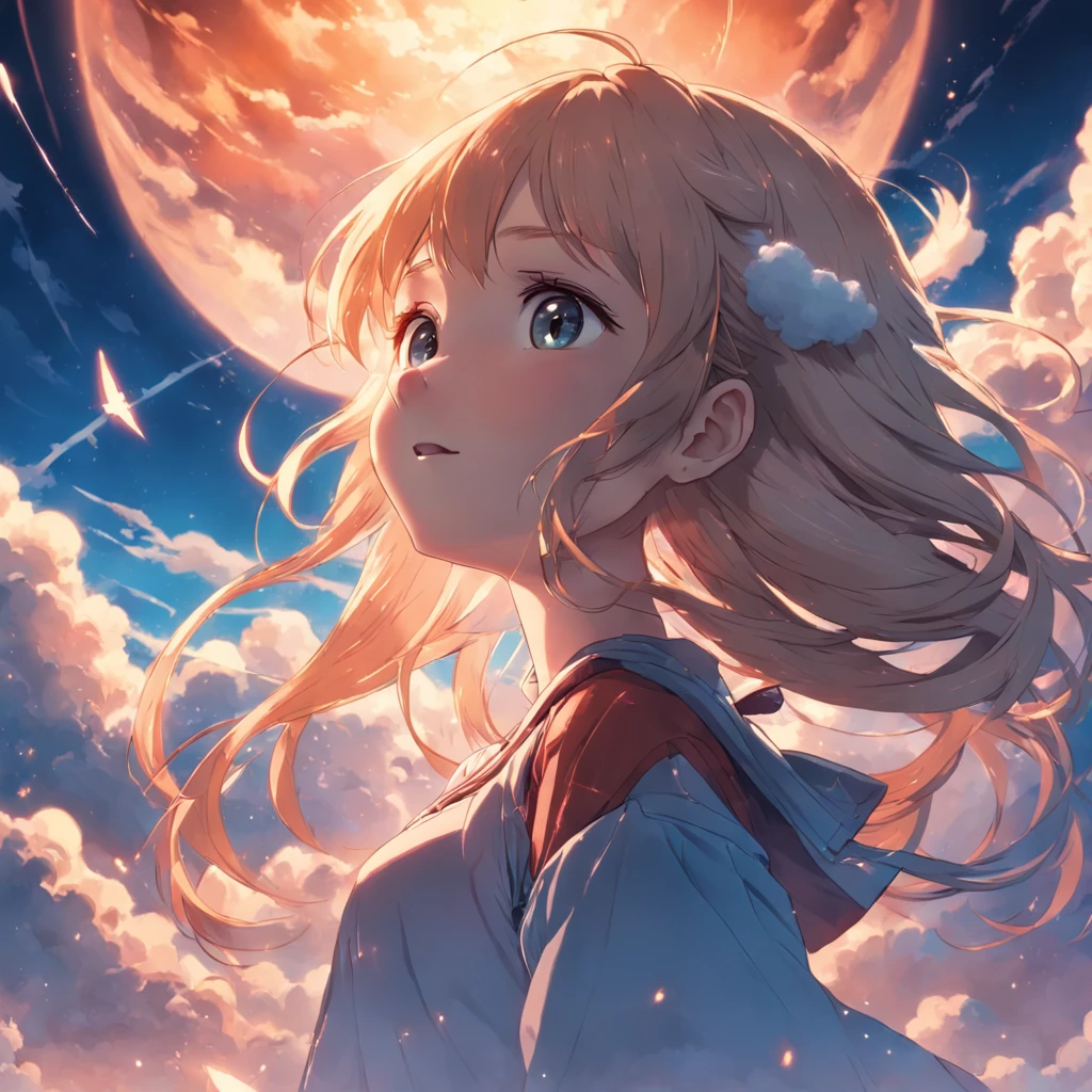 masterpiece, best quality, movie still, 1girl, cloud girl, floating in the sky, close-up, bright, happy, warm soft lighting, sunset, (sparks:0.7)