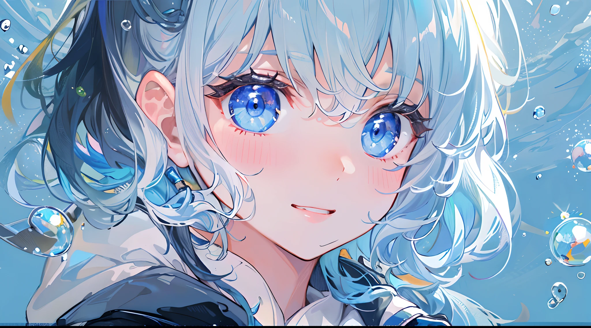 ((top-quality)), ((​masterpiece)), ((ultra-detailliert)), (extremely delicate and beautiful), girl with, 独奏, cold attitude,((Black jacket)),She is very(relax)with  the(Settled down)Looks,A dark-haired, depth of fields,evil smile,Bubble, under the water, Air bubble,bright light blue eyes,Inner color with light blue hair and dark blue tips,Cold background,Bob Hair - Linear Art, shortpants、knee high socks、White uniform like school uniform、Light blue ribbon ties、Clothes are sheer、Hands in pockets