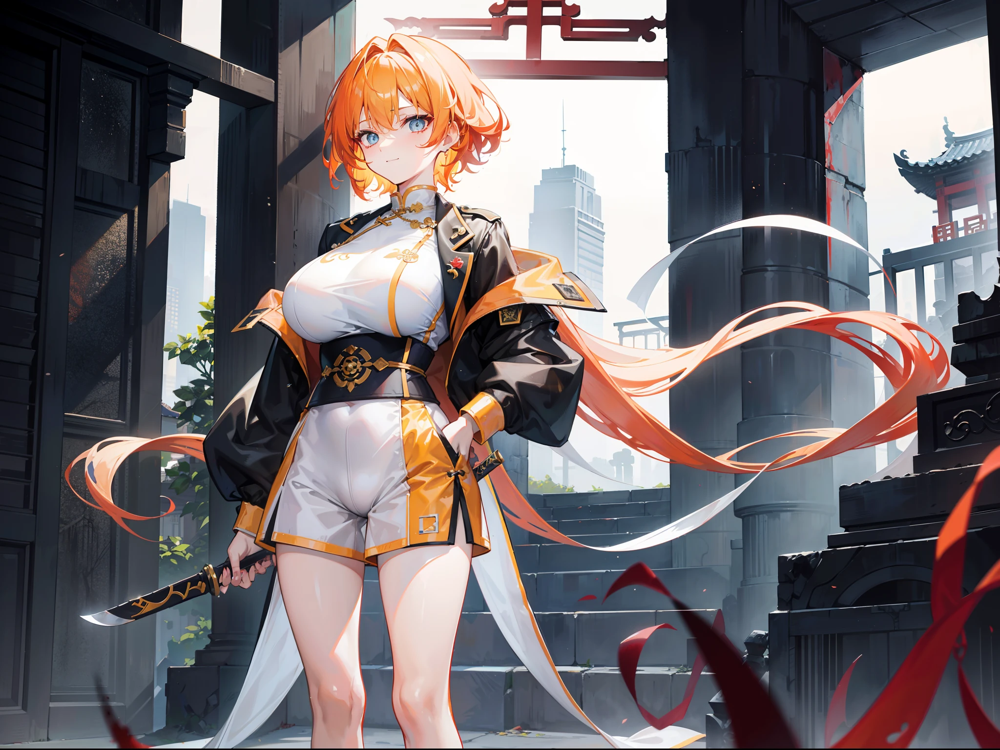 Beautiful girl with orange-yellow hair color，curlies，High ponytail，short detailed hair，Wearing an antique white long-sleeved training suit，A knife hidden in his clothes，open waist，Wear yellow and black shorts，Long white socks，Black cloth shoes，assassins，Sunny smile，Tall and tall，Standing in an ancient Chinese courtyard full of corpses' blood，dark stormy clouds，China-style，huge tit，抖S，Full body photo，Extremely thin，extremely hyper，Long white socks，assassins，The legs are very thin，Best quality at best，High- sharpness，tmasterpiece，A sword stained with blood in his hand，His body was covered in blood，Sick，Heterochromic pupils，morbid，murderer，extremely hyper，His body was covered in blood，The chest is extremely large，Thin body