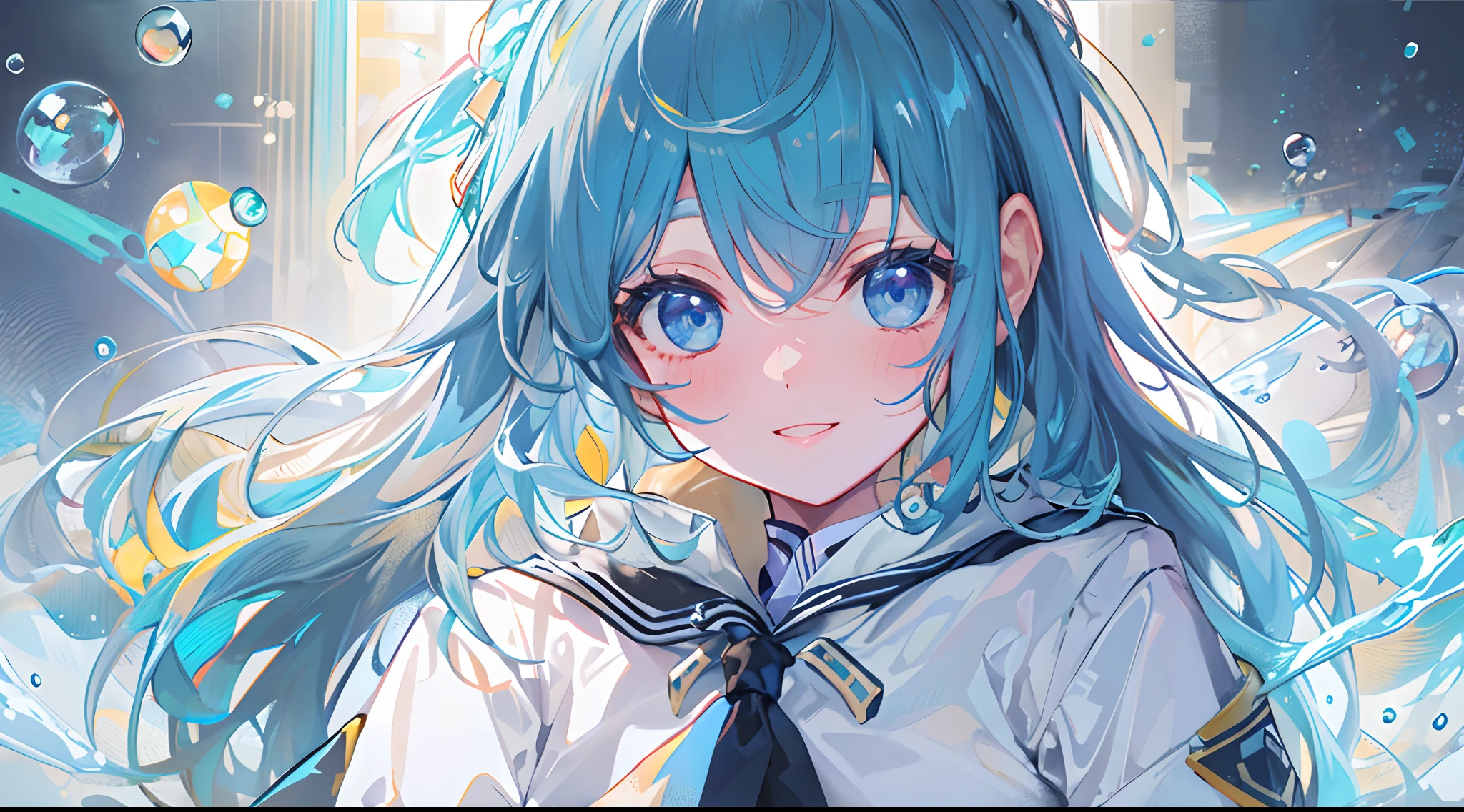 ((top-quality)), ((masterpiece)), ((ultra-detailliert)), (extremely delicate and beautiful), girl with, 独奏, cold attitude,((Black jacket)),She is very(relax)with the(Settled down)Looks,A dark-haired, depth of fields,evil smile,Bubble, under the water, Air bubble,bright light blue eyes,Inner color with light blue hair and dark blue tips,Cold background,Bob Hair - Linear Art, shortpants、knee high socks、White uniform like school uniform、Light blue ribbon ties、Clothes are sheer、Hands in pockets