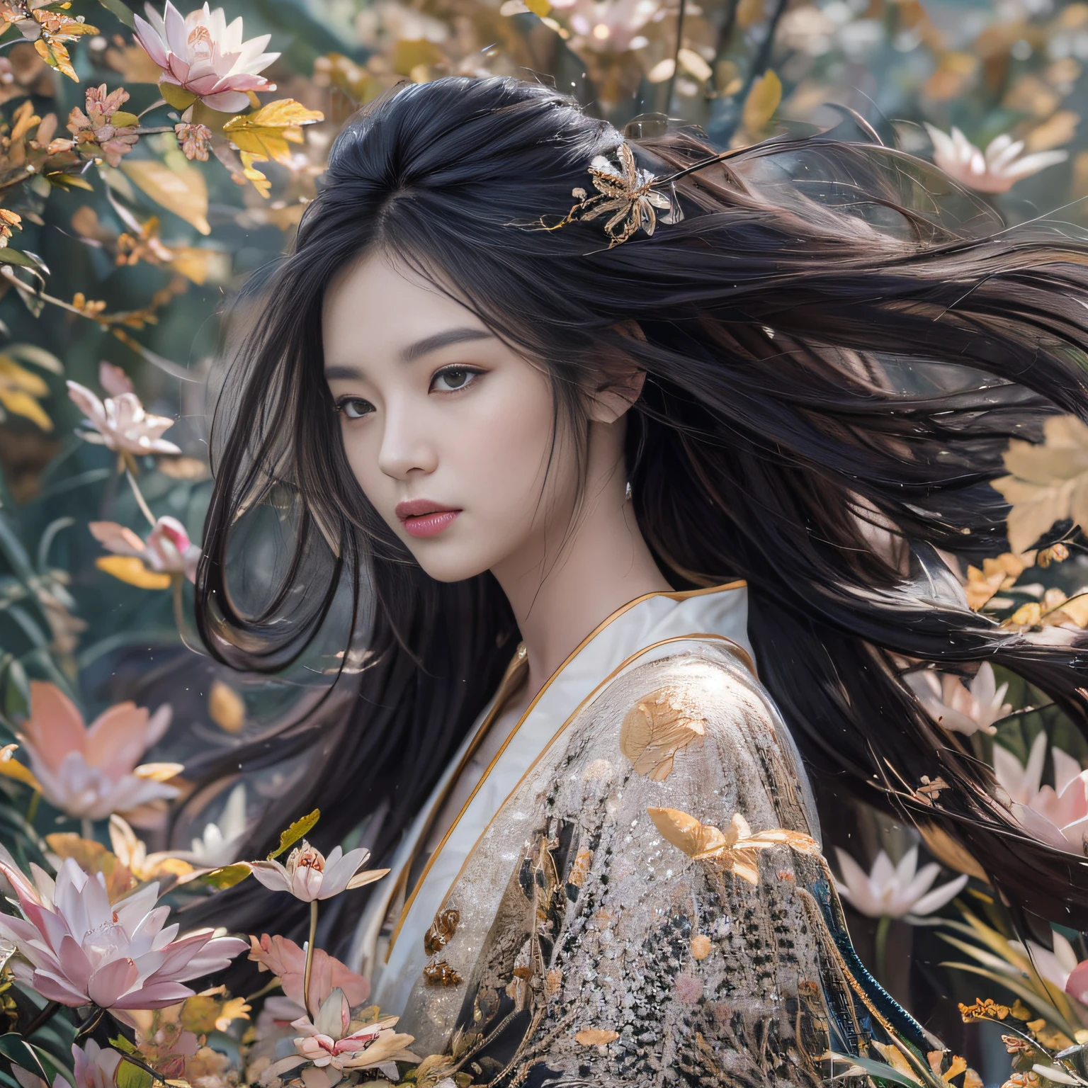 32K(tmasterpiece,k hd,hyper HD,32K)Long flowing black hair,ponds,zydink, a color, Xuzhou people (Silly girl), (Silk scarf), Combat posture, looking at the ground, long whitr hair, Floating hair, Carp pattern headdress, Chinese long-sleeved clothing, (abstract ink splash:1.2), Pink petal background,Pink and white lotus flowers fly(realisticlying:1.4),Black color hair,Fallen leaves flutter,The background is pure, A high resolution, the detail, RAW photogr, Sharp Re, Nikon D850 Film Stock Photo by Jefferies Lee 4 Kodak Portra 400 Camera F1.6 shots, Rich colors, ultra-realistic vivid textures, Dramatic lighting, Unreal Engine Art Station Trend, cinestir 800,Long flowing black hair