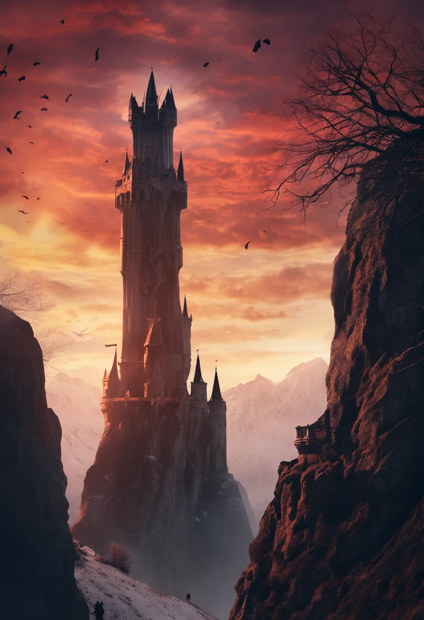 In the European Middle Ages, distant peaks towered into the clouds, waterfalls fell and covered with snow, the vampire lady stood on the edge of the cliff with a scepter, the palace behind her was resplendent, the huge sunset hung in the sky shining on the queen's face, grand scene, Gothic style, retro, realism, cinematic, dark style