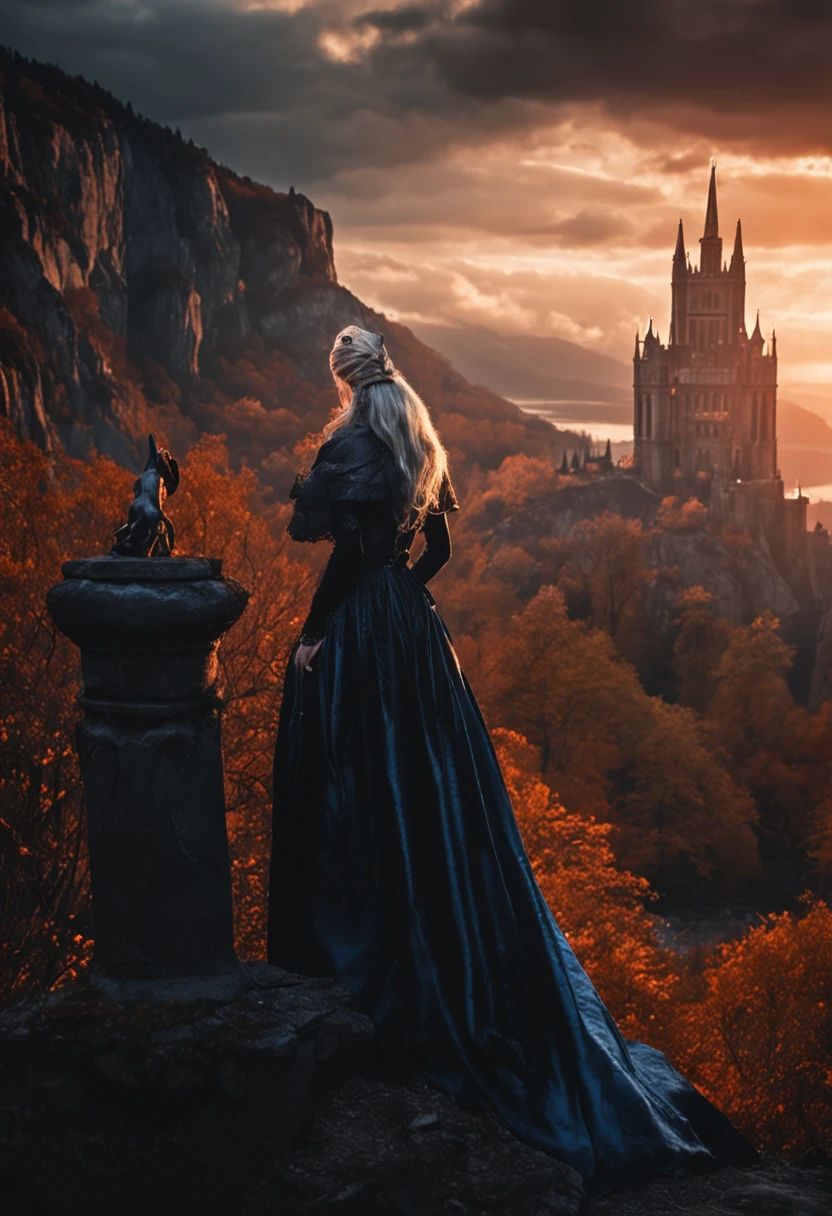 In the European Middle Ages, distant peaks towered into the clouds, waterfalls fell and covered with snow, the vampire lady stood on the edge of the cliff with a scepter, the palace behind her was resplendent, the huge sunset hung in the sky shining on the queen's face, grand scene, Gothic style, retro, realism, cinematic, dark style