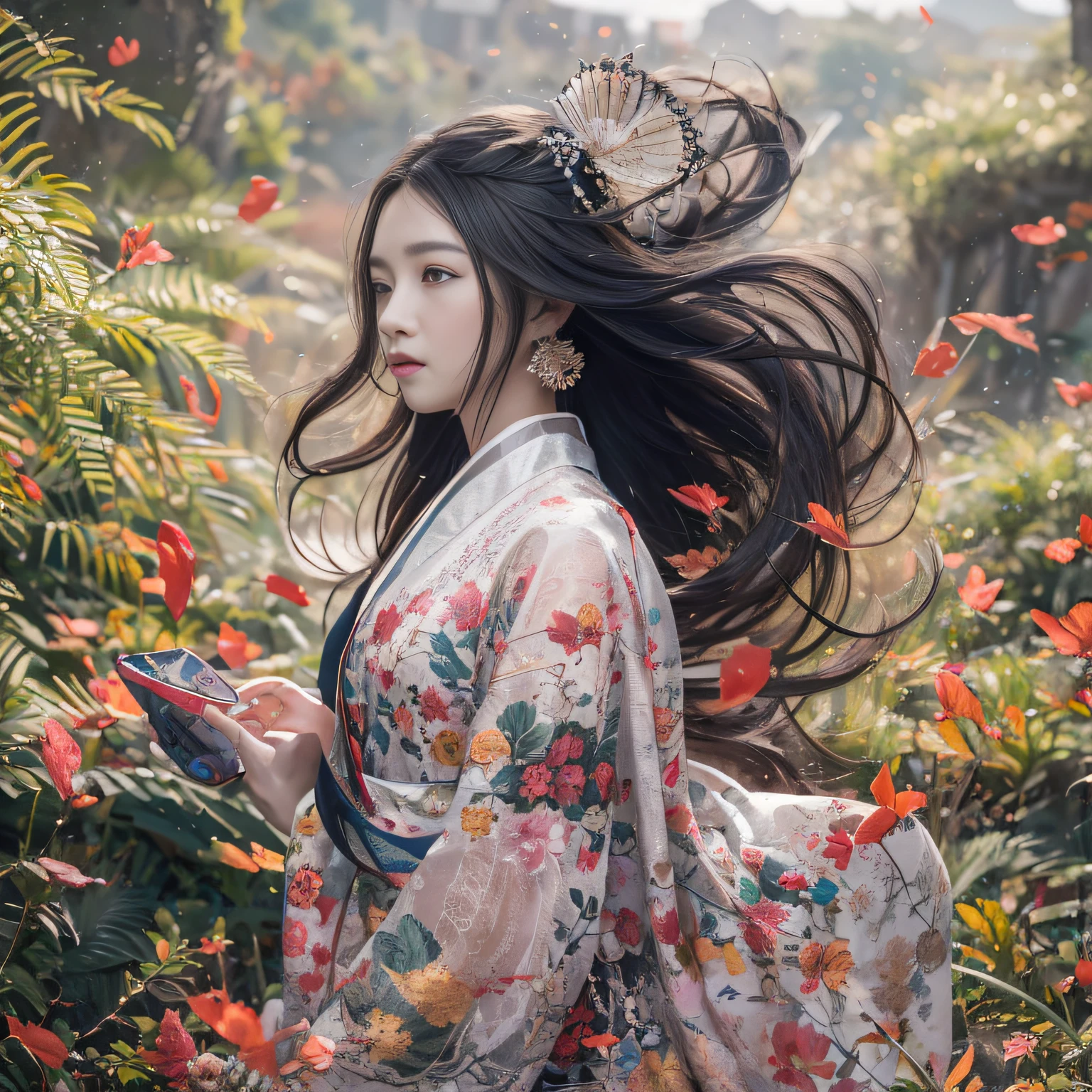 32K(tmasterpiece,k hd,hyper HD,32K)Long flowing black hair,ponds,zydink, a color, Xuzhou people (Silly girl), (Silk scarf), Combat posture, looking at the ground, long whitr hair, Floating hair, Carp pattern headdress, Chinese long-sleeved clothing, (abstract ink splash:1.2), Pink petal background,Pink and white lotus flowers fly(realisticlying:1.4),Black color hair,Fallen leaves flutter,The background is pure, A high resolution, the detail, RAW photogr, Sharp Re, Nikon D850 Film Stock Photo by Jefferies Lee 4 Kodak Portra 400 Camera F1.6 shots, Rich colors, ultra-realistic vivid textures, Dramatic lighting, Unreal Engine Art Station Trend, cinestir 800,Long flowing black hair