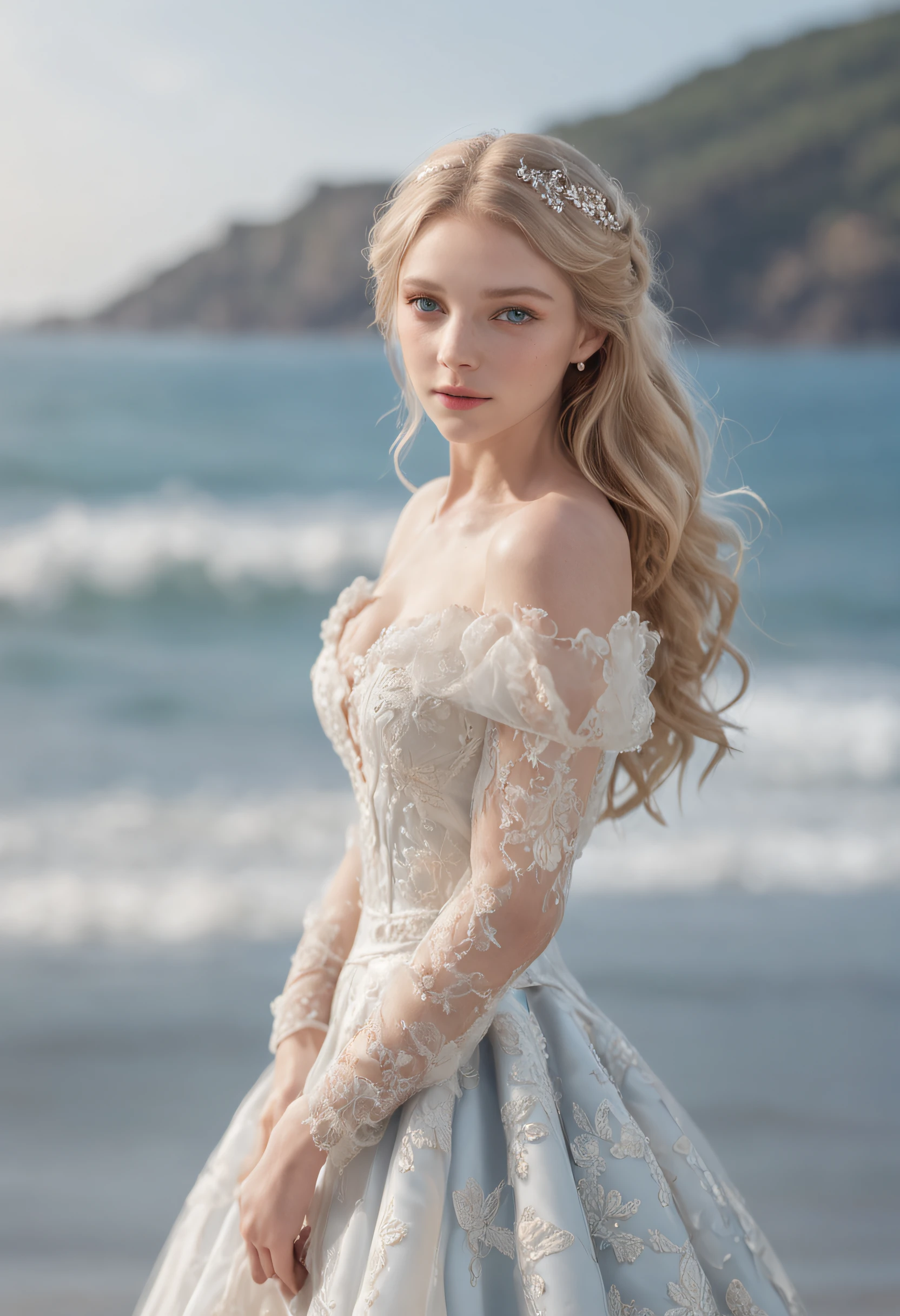 1 beautiful girl, (Realistic:1.3) full body, standing photo, stand in front blue sea, white wedding dress, soft dress, blond hair, blue eyes, wavy hair, masterpiece, diffuse soft lighting, portrait, best quality (perfect face:1.4), ultra-realistic highly detailed intricate realistic simulation style photo sharply focused on eyes, cinematic lighting, studio shot, elegant pose
