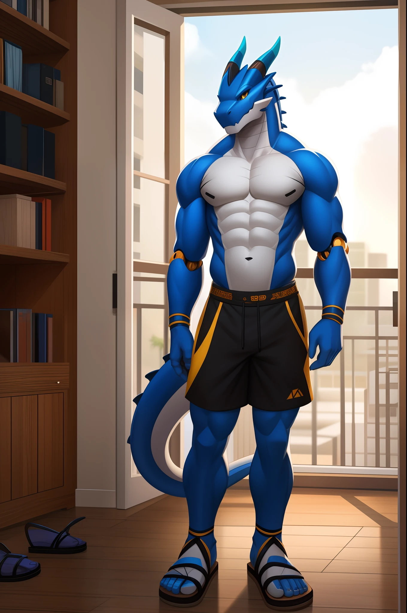 robo dragon,deep blacks,White belly,Blue back,White wings,yellow tanktop,Black shorts,sandals,Standing on the wooden floor of the apartment。