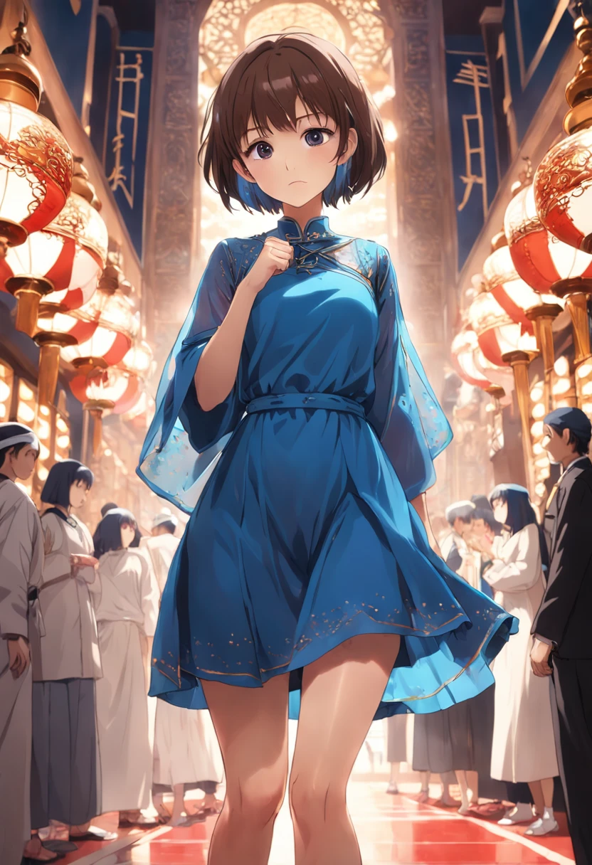 Arab asian woman with short brown hair and blue dress, With short hair, 奈良美智, chiho, sakimichan, sakimichan, kiko mizuhara, Ayaka, Chiho Aoshima, girl cute-fine-face, with short hair with bangs, sayori, Choi Hong Hwa