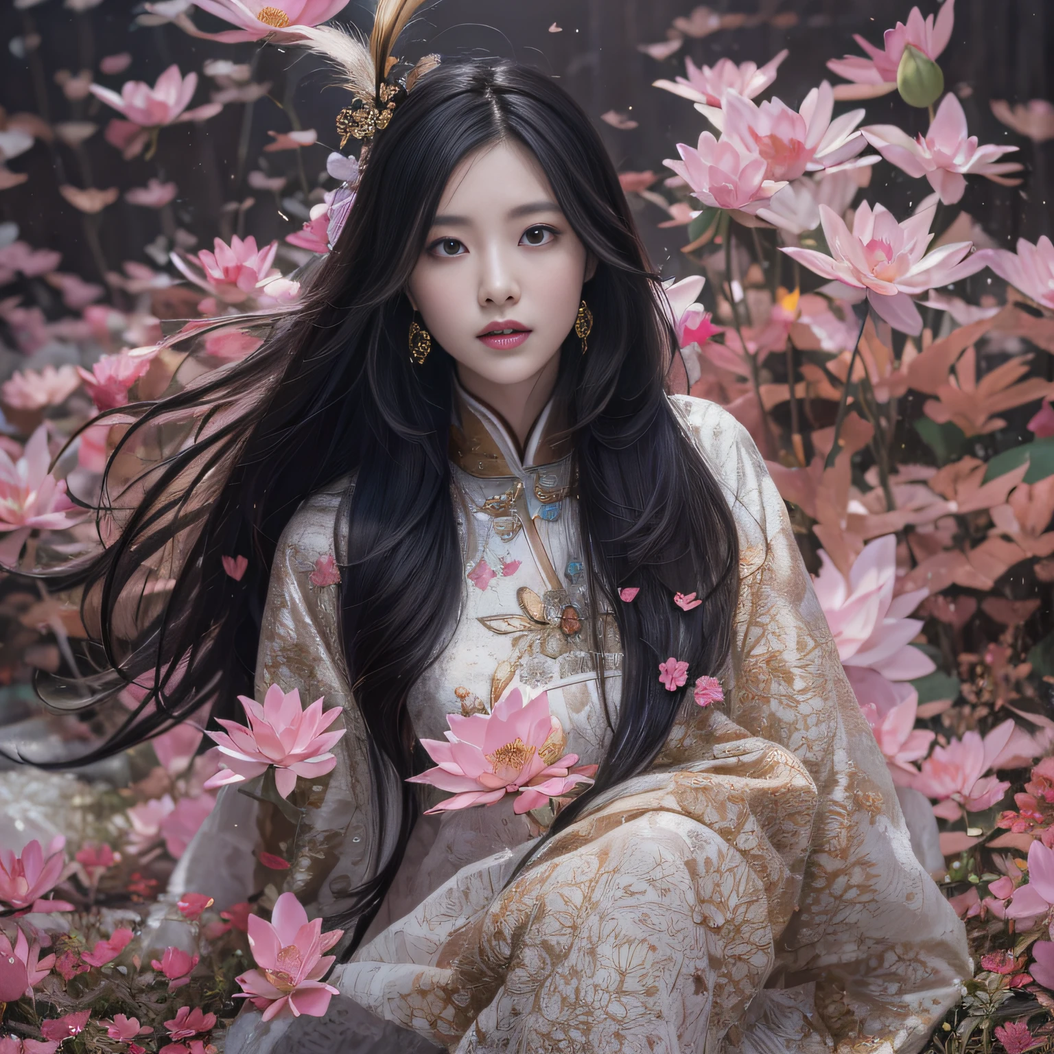 32K（tmasterpiece，k hd，hyper HD，32K）Long flowing black hair，ponds，zydink， a color，  Asian people （Silly girl）， （Silk scarf）， Combat posture， looking at the ground， long whitr hair， Floating hair， Carp pattern headdress， Chinese long-sleeved clothing， （abstract ink splash：1.2）， Pink petal background，Pink and white lotus flowers fly（realisticlying：1.4），Black color hair，Fallen leaves flutter，The background is pure， A high resolution， the detail， RAW photogr， Sharp Re， Nikon D850 Film Stock Photo by Jefferies Lee 4 Kodak Portra 400 Camera F1.6 shots, Rich colors, ultra-realistic vivid textures, Dramatic lighting, Unreal Engine Art Station Trend, cinestir 800，Long flowing black hair