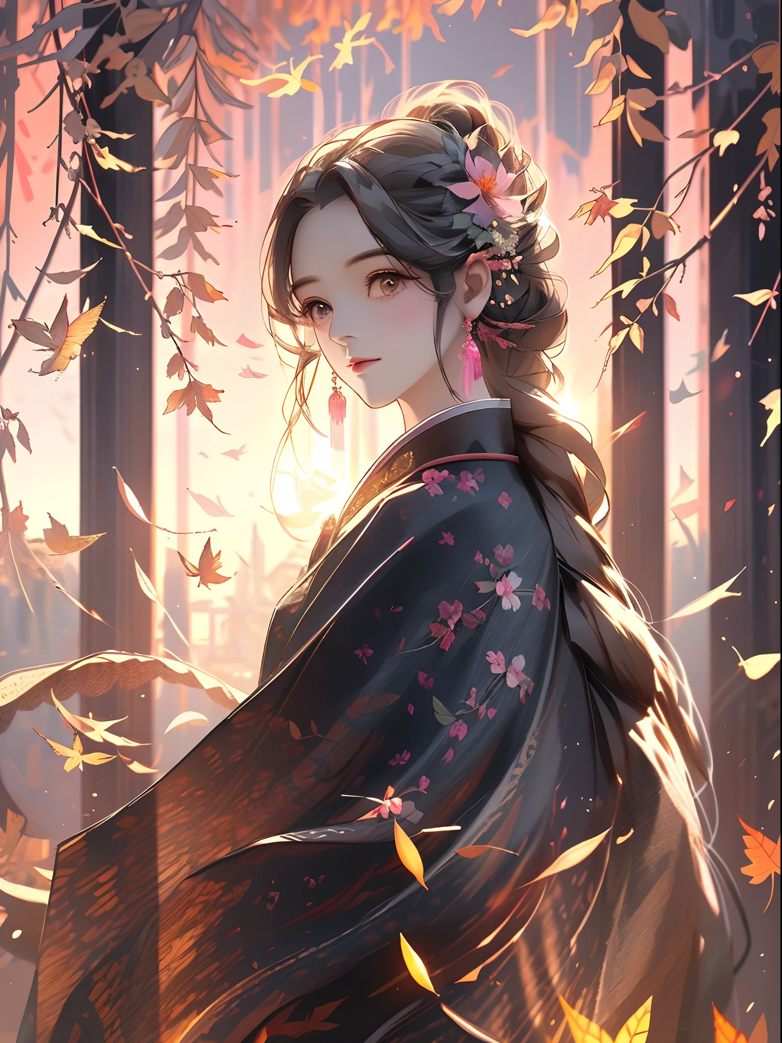 tmasterpiece,best qualtiy,(Very detailed CG unity 8k wallpaper)(best qualtiy),(Most Best Illustration),(best shadow)Nature',No Man,Pink sky,Delicate leaves of various colors fall in air light tracking,ultra-detailliert --v6