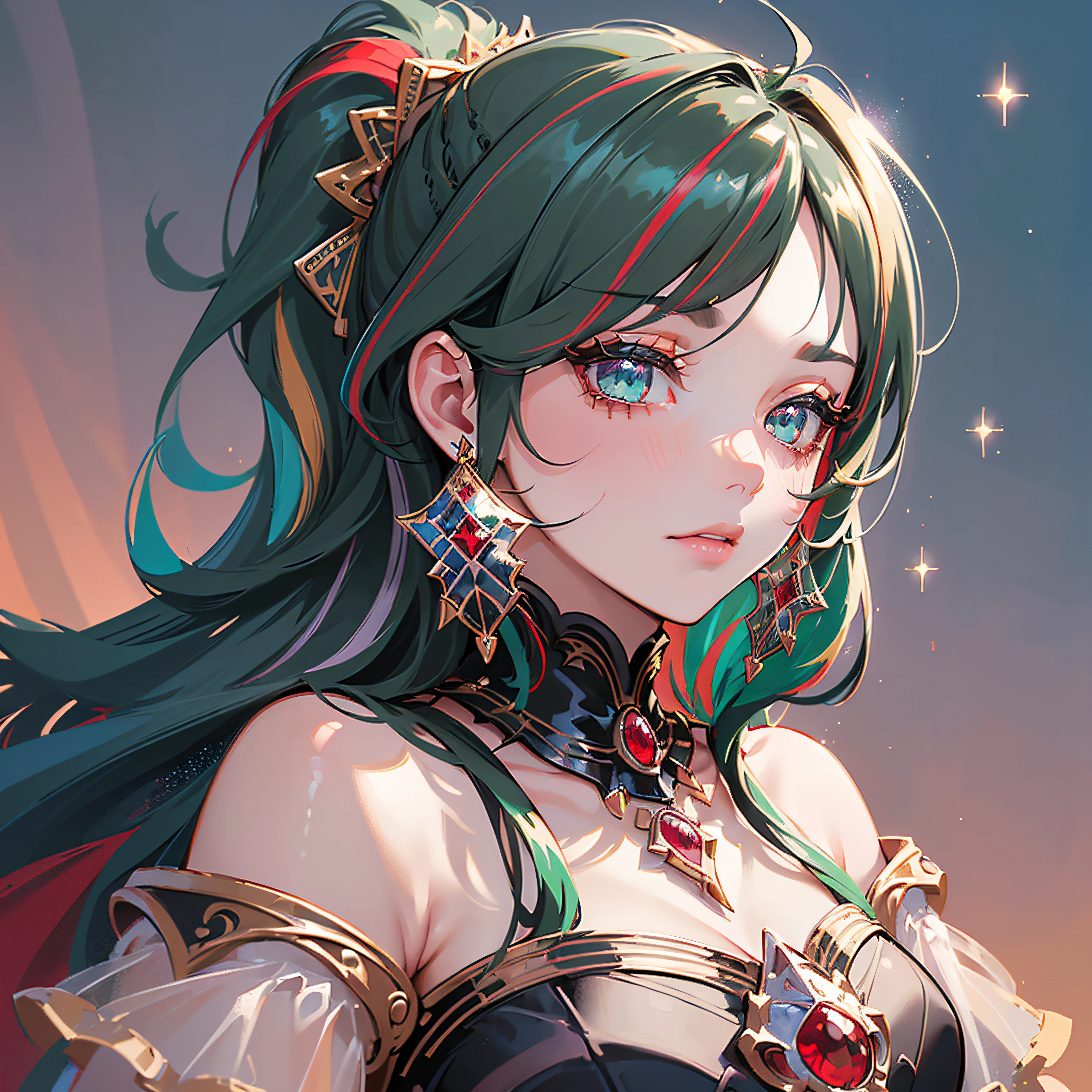 (Best Quality:1.3),4K,8K,8K Portrait,16 K,(masterpiece:1.2),1girl in,Solo,(maximalism:1.5),bloodstone,ultra-detailliert,absurderes,(extremely detailed beautiful face and eyes:1.3),
(extremely detailed beautiful hair:1.3),delicate composition, (cowboy shot:1.4),
(Beautiful:1.3),(Ponytail:1.2),Dark green eyes, (darkgreen hair:1.2),(Scarlet streaked hair:1.5),Scarlet emphasizes hair,(is wearing extremely detailed knight's costume:1.5),(Jewelry Hair Ornaments:1.3),
(jewelry eyes:1.3),(Eyelashes:1.2),(symbol in eyes:1.3),(hight resolution, Twinkle,Glitter,Lens Flare,light Particle,Shining:1.3),