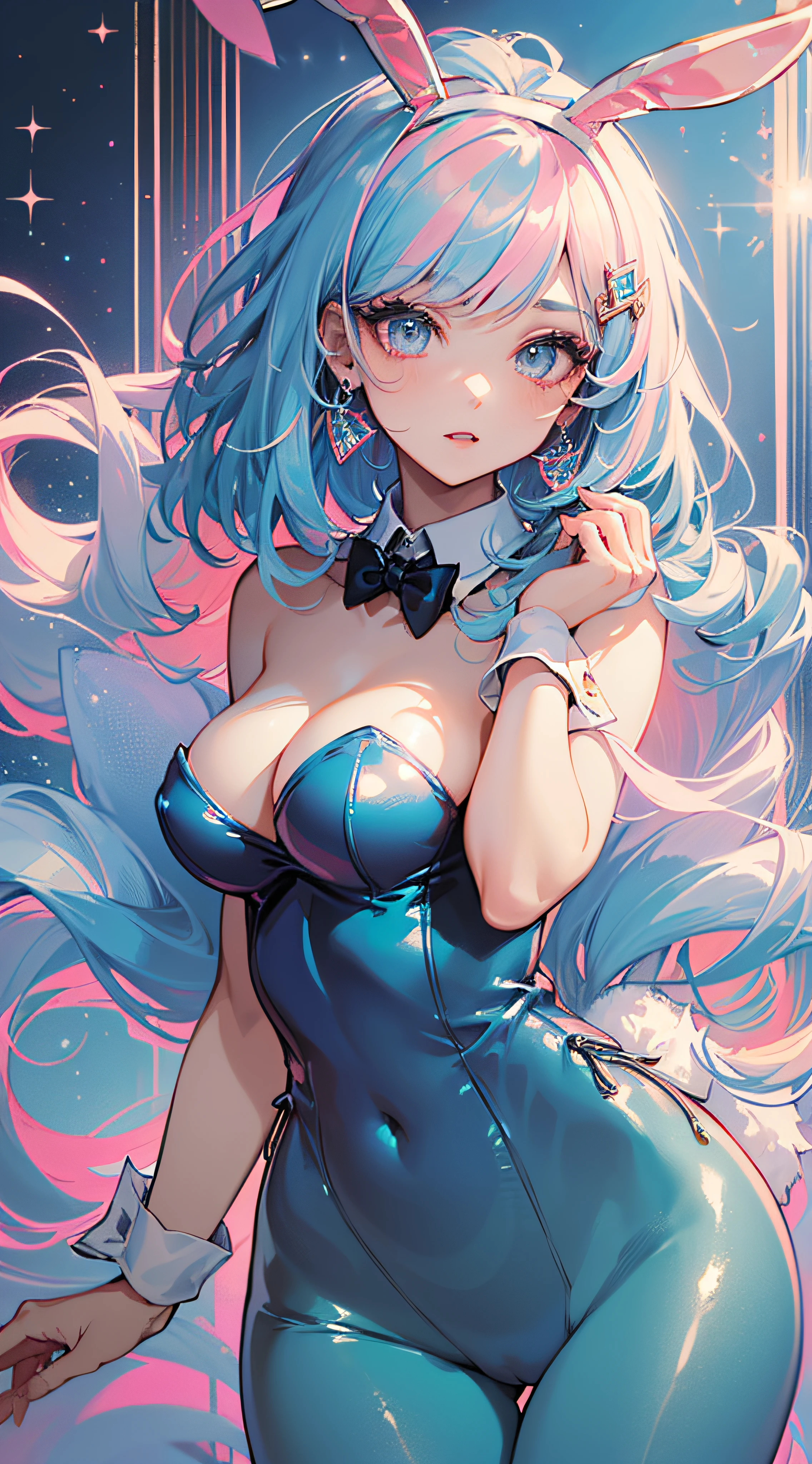 (Best Quality:1.3),4K,8K,8K Portrait,16K,(masterpiece:1.2),1girl in,Solo,(maximalism:1.5),opal,ultra-detailliert,absurderes,(extremely detailed beautiful face and eyes:1.3),
(extremely detailed beautiful hair:1.3),delicate composition, (full body:1.5),(full-length figure:1.5),
Super cute girl,(Medium Hair:1.4),Pink eyes,light blue eyes,(Pink hair:1.2),(Light blue hair:1.4),(Playboy bunny:1.6),(Jewelry Hair Ornaments:1.3),
(jewelry eyes:1.3),(Eyelashes:1.2),(symbol in eyes:1.3),(hight resolution, Twinkle,Glitter,Lens Flare,light Particle,Shining:1.3),(cute:1.5),