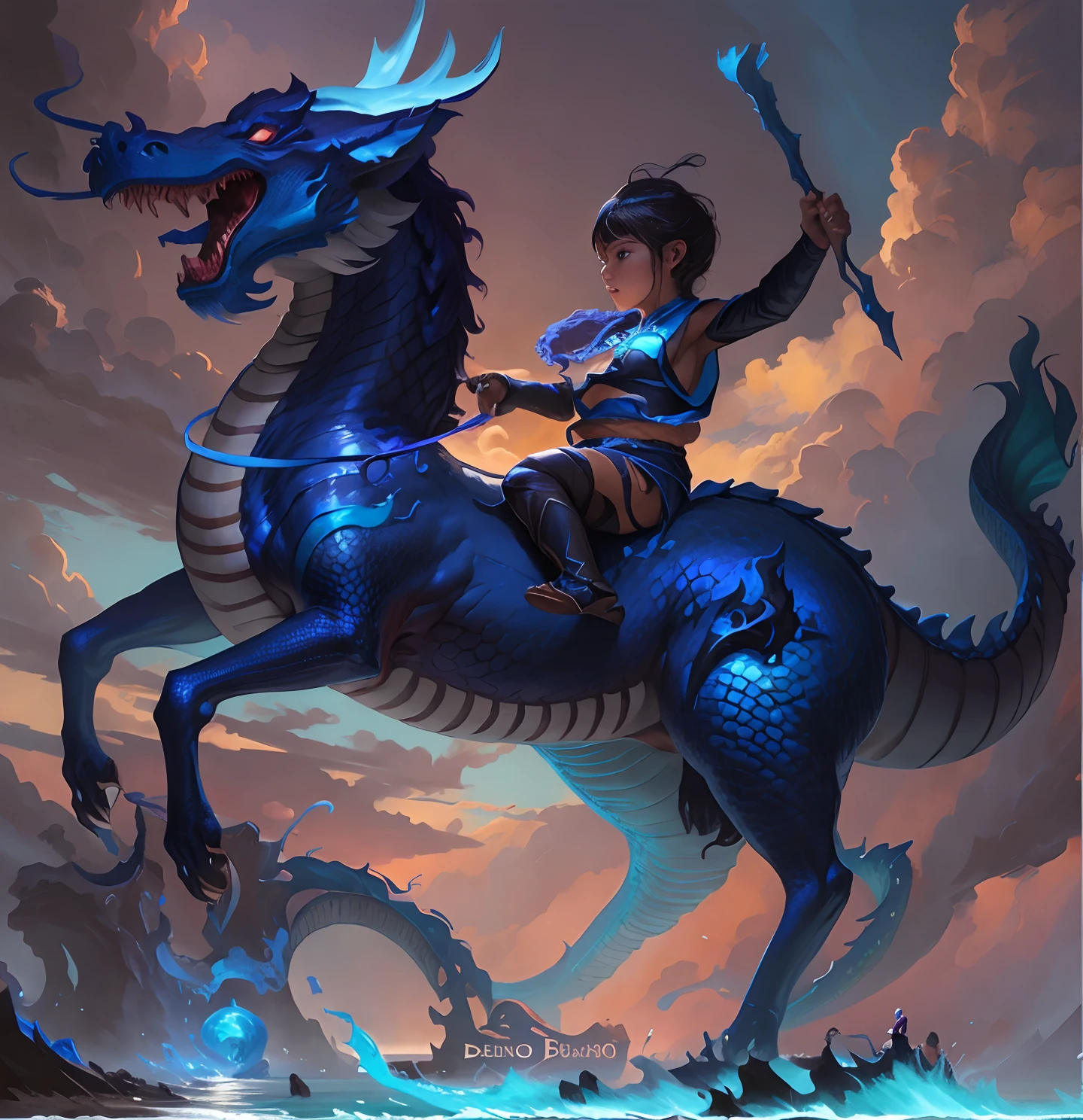 Close-up of a child riding a blue-violet dragon on the beach on the evening of the blue sea.., Dragon Rider, epic fantasy digital art style, Dragon Ride, by Yang J, Rob Ray, epic fantasy art style, Epic Fantasy Illustration, By Jeremy Chong, tithi luadthong, Ross Tran and Michael Whelan, fantasy art behance, by Bayard Wu, by Ryan Yee