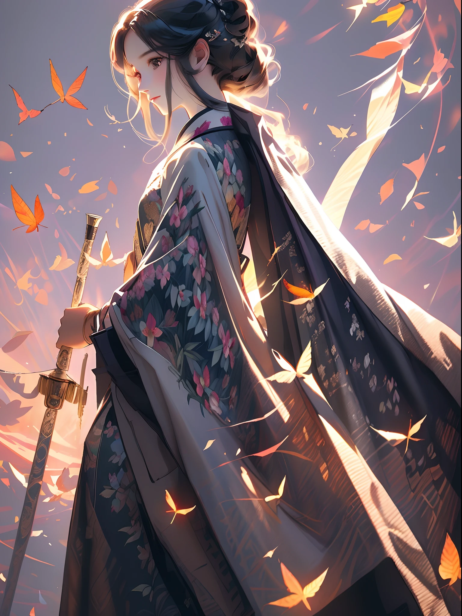 tmasterpiece,best qualtiy,(Very detailed CG unity 8k wallpaper)(best qualtiy),(Most Best Illustration),(best shadow)Nature',No Man,Pink sky,Delicate leaves of various colors fall in air light tracking,ultra-detailliert --v6