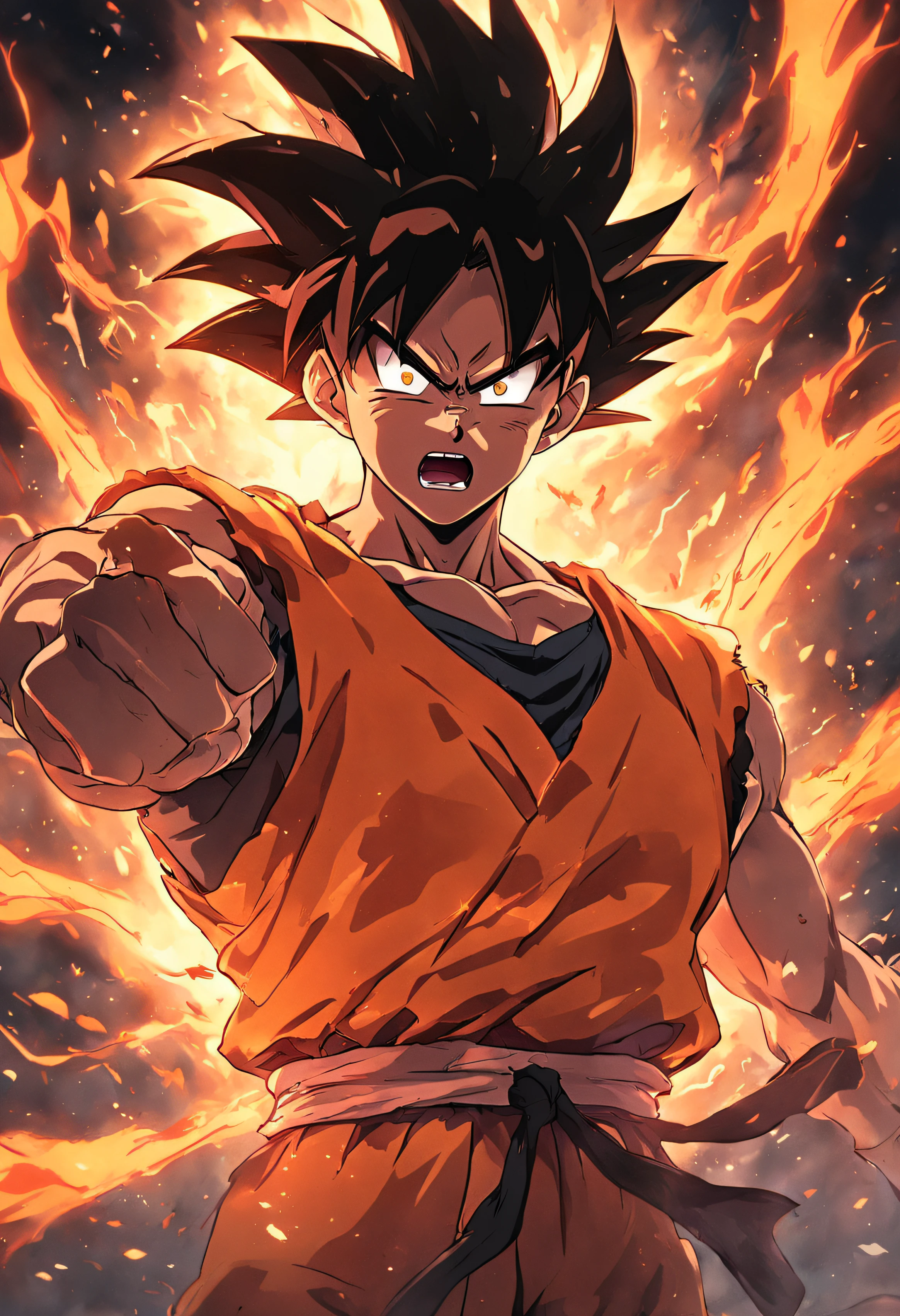 Design a gripping poster featuring Goku from "Dragon Ball" in a fit of rage. Capture the essence of his burning determination and unyielding spirit as he unleashes his wrath upon his enemies. Keep it short, bold, and intense to convey the raw power of Luffy's anger.