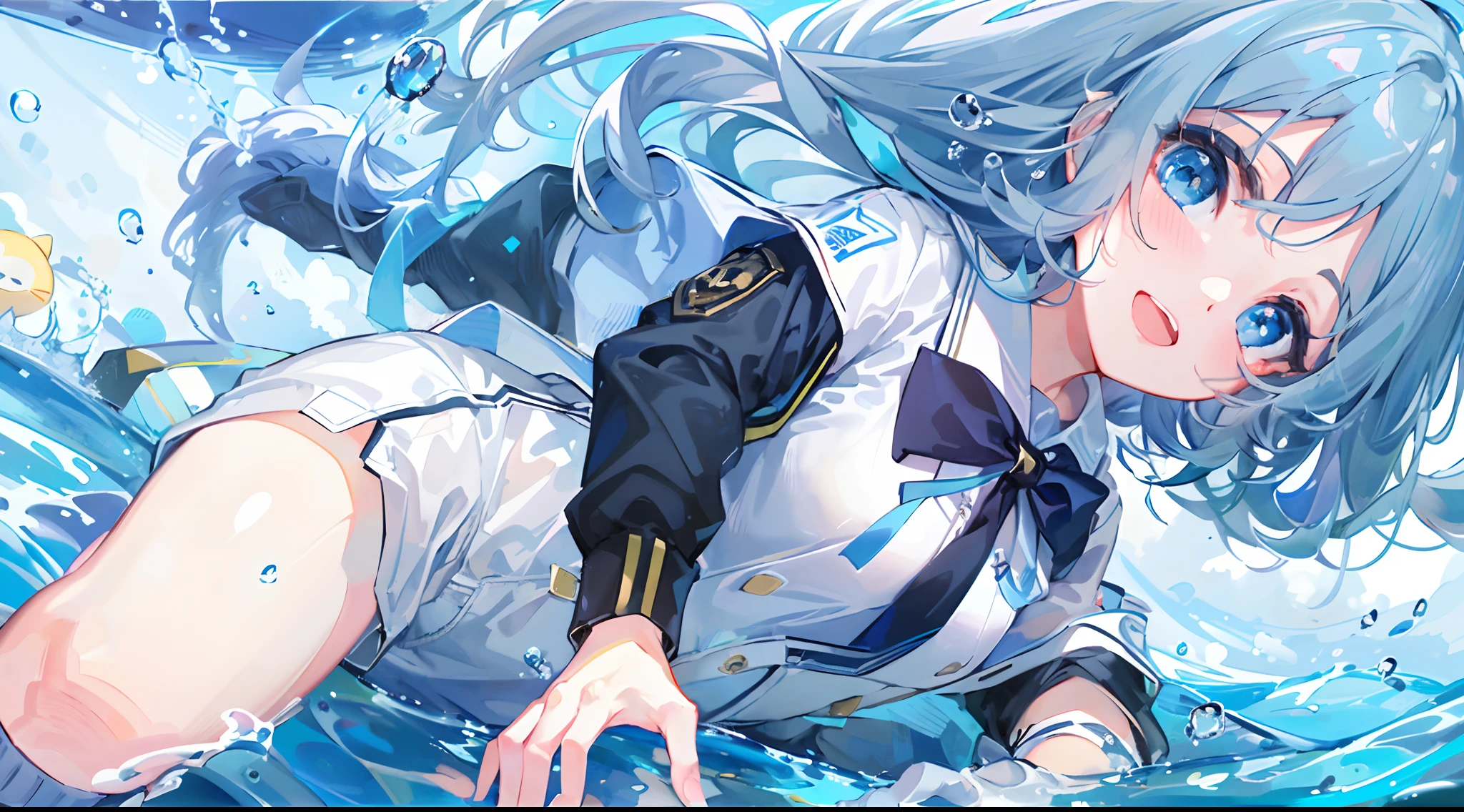 ((top-quality)), ((masterpiece)), ((ultra-detailliert)), (extremely delicate and beautiful), girl with, 独奏, cold attitude,((Black jacket)),She is very(relax)with the(Settled down)Looks,A dark-haired, depth of fields,evil smile,Bubble, under the water, Air bubble,bright light blue eyes,Inner color with light blue hair and dark blue tips,Cold background,Bob Hair - Linear Art, shortpants、knee high socks、White uniform like school uniform、Light blue ribbon ties、Clothes are sheer、Hands in pockets