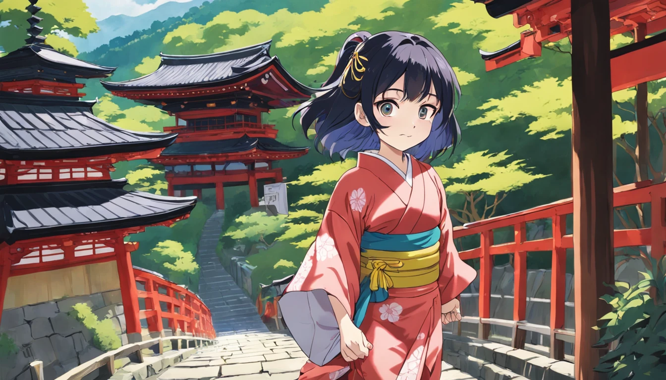 Woodblock prints and ink, A girl turned around, Clothing product samples , kawaii, smile, with colored contacts in her eyes, Accessories, full body,walking , in summer , Kinkakuji Temple in Kyoto