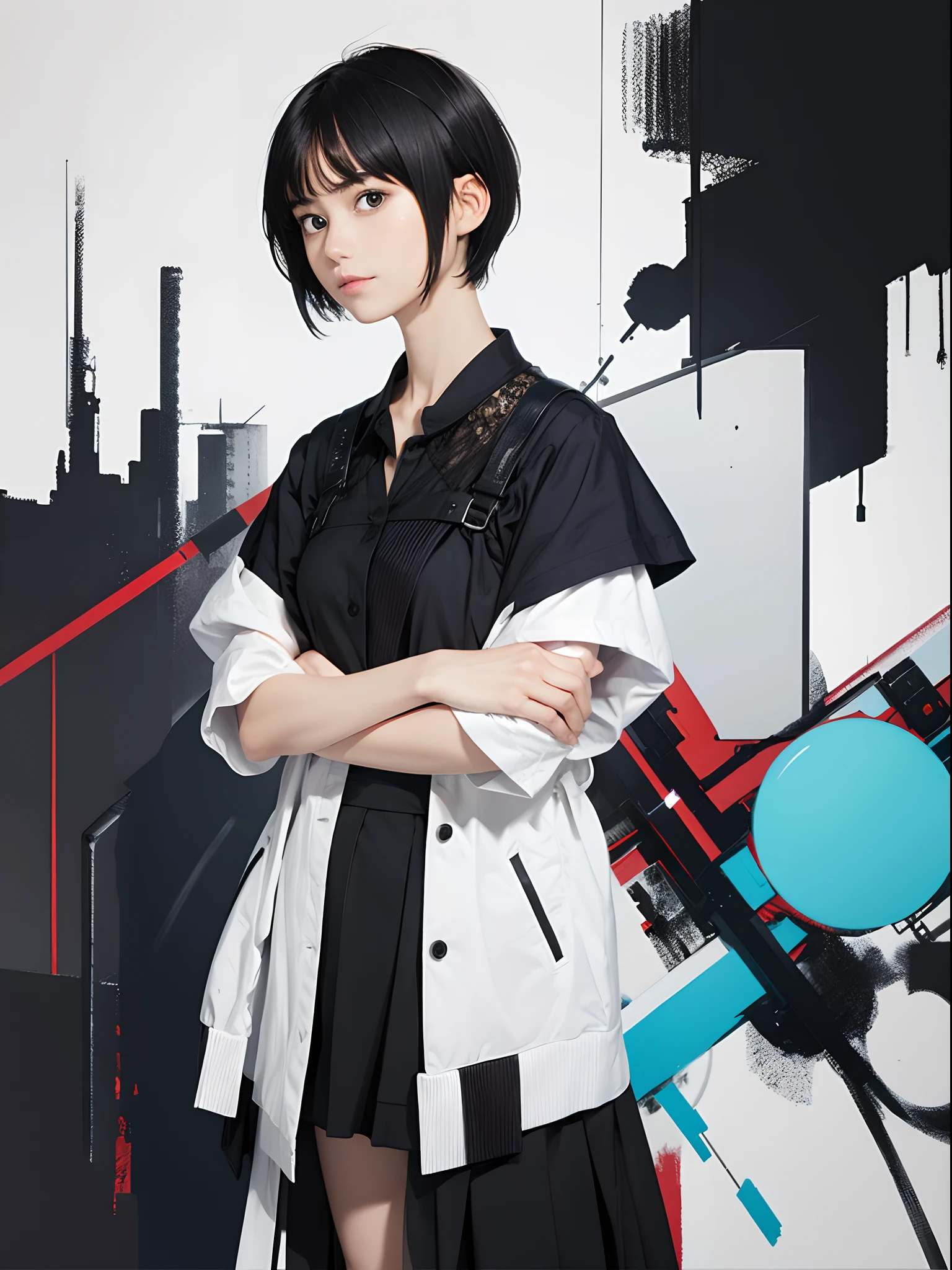 Masterpiece, top quality, 1 girl, ((short-hair)), abstract