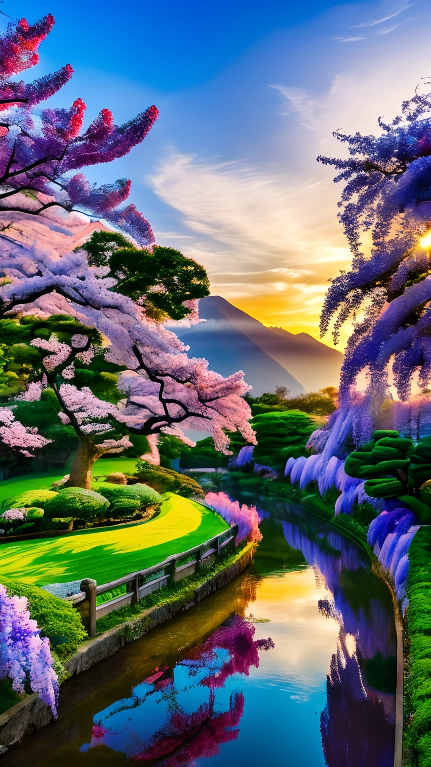 mdjrny-pprct, japanese architecture, Sakura, wisteria, Flower Garden, mountains and rivers, Clouds (high detial: 1.2)、the setting sun、Evening glow、morning glow